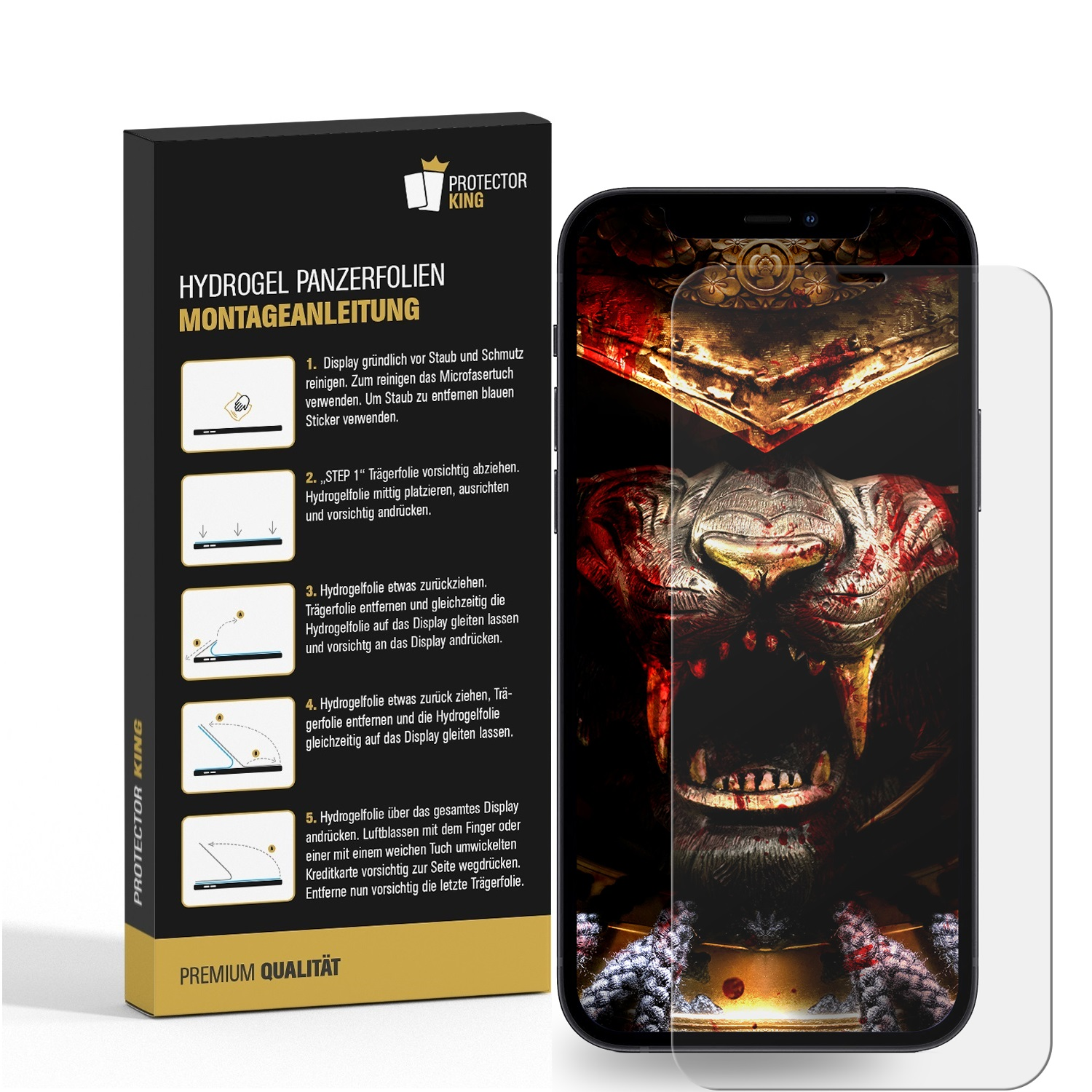 Ein Displayschutz mit Grafik eines Monsters und Anweisungen auf einer schwarzen Box.