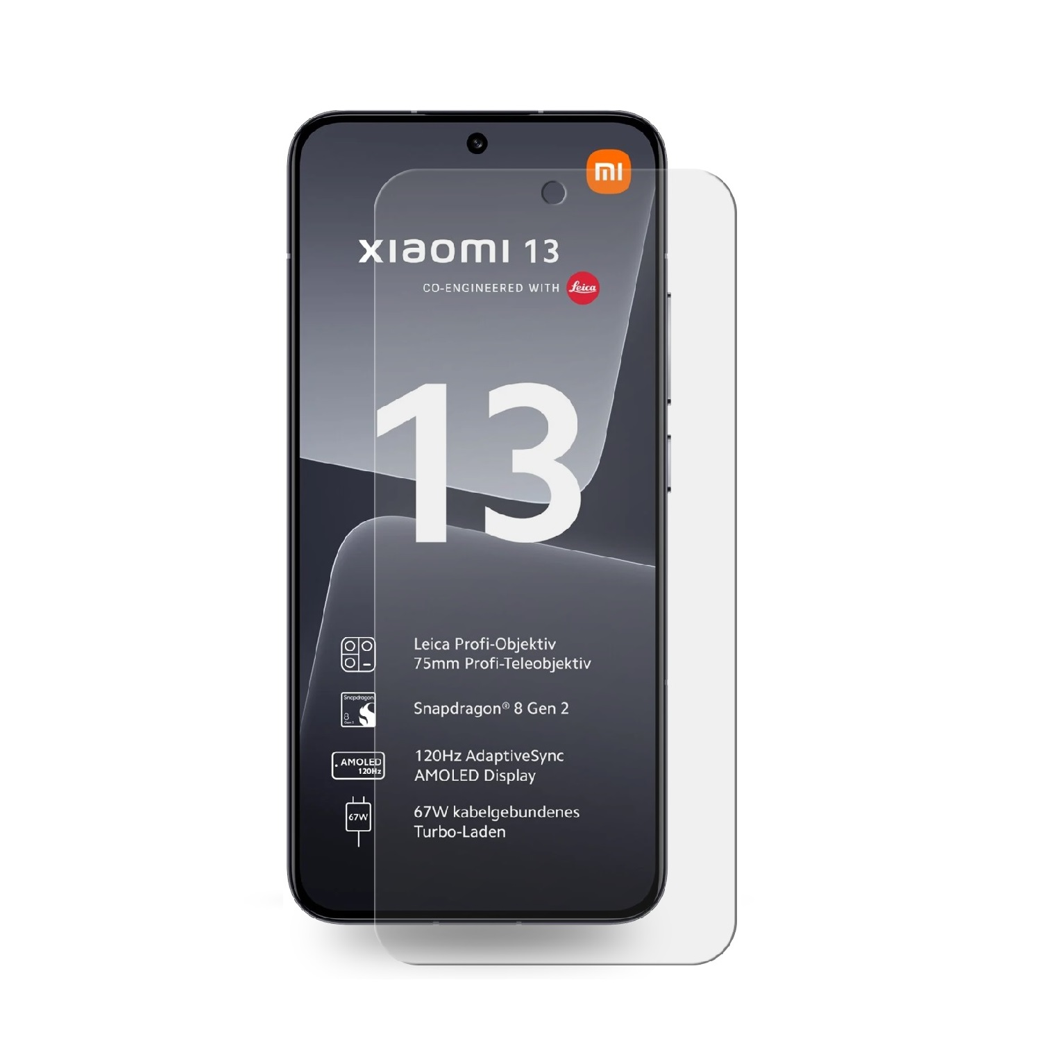 Xiaomi 13 Telefon mit angebrachter Displayschutzfolie. Weißer Text auf dem Bildschirm mit Telefondetails.