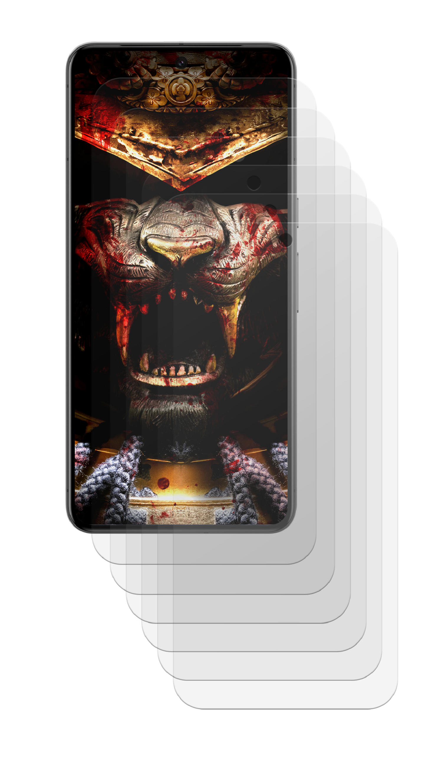Smartphone mit Samurai-Bild und Displayschutzfolien obenauf.