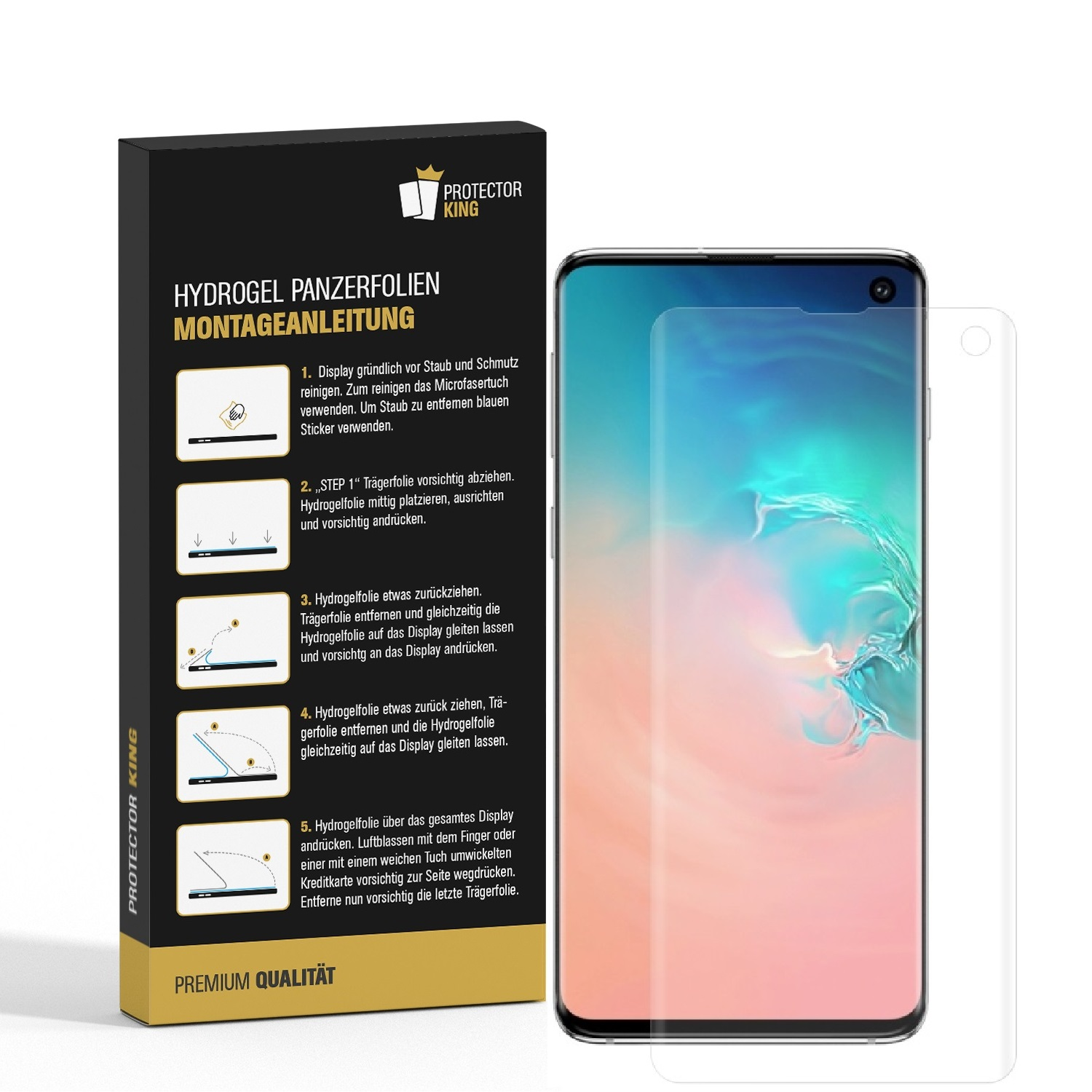 Box mit Anweisungen für Displayschutzfolie und ein Telefon mit angebrachter Folie.