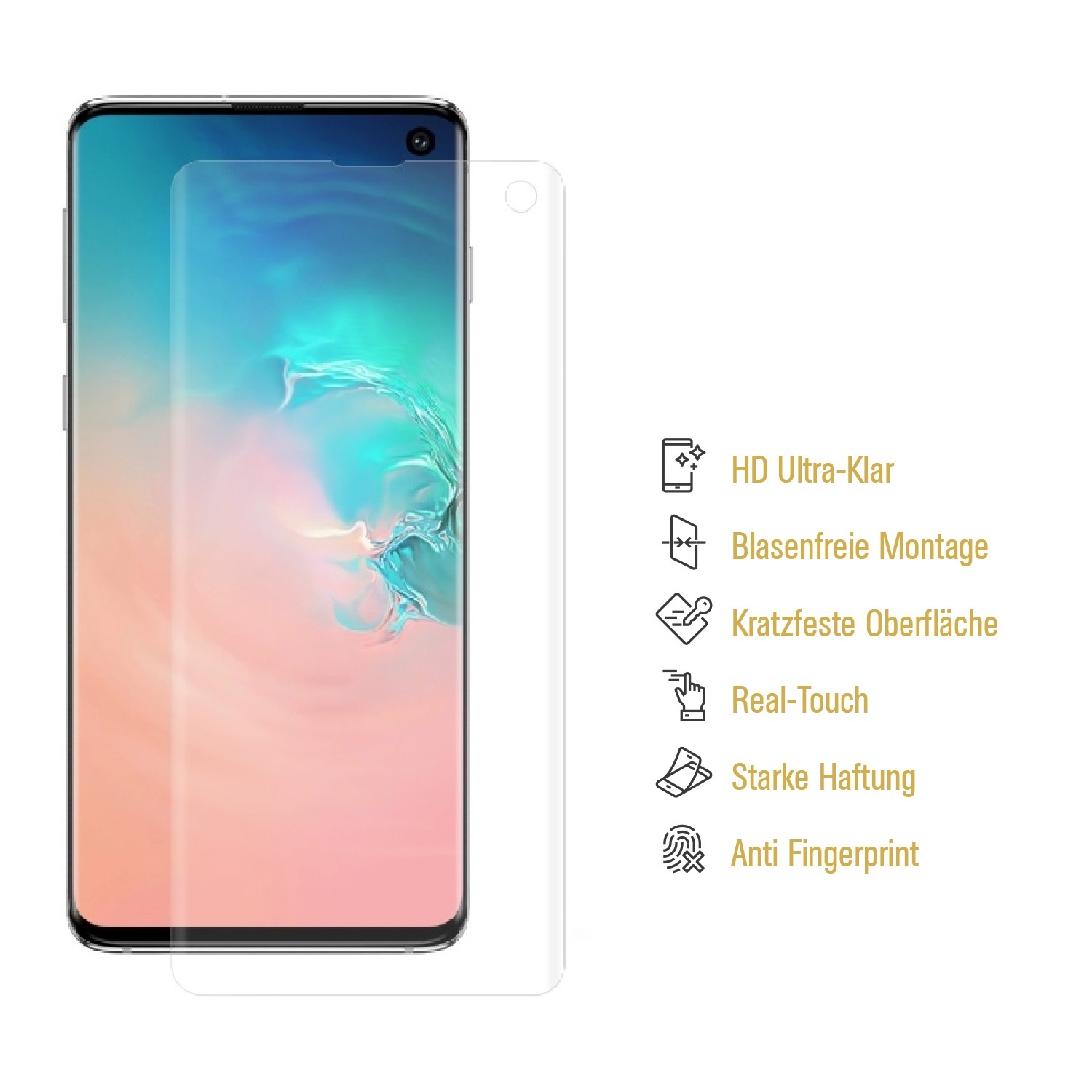 Displayschutzfolie und Handy. Schutzfolie mit Text wie 'HD Ultra-Klar', 'Anti Fingerprint'.
