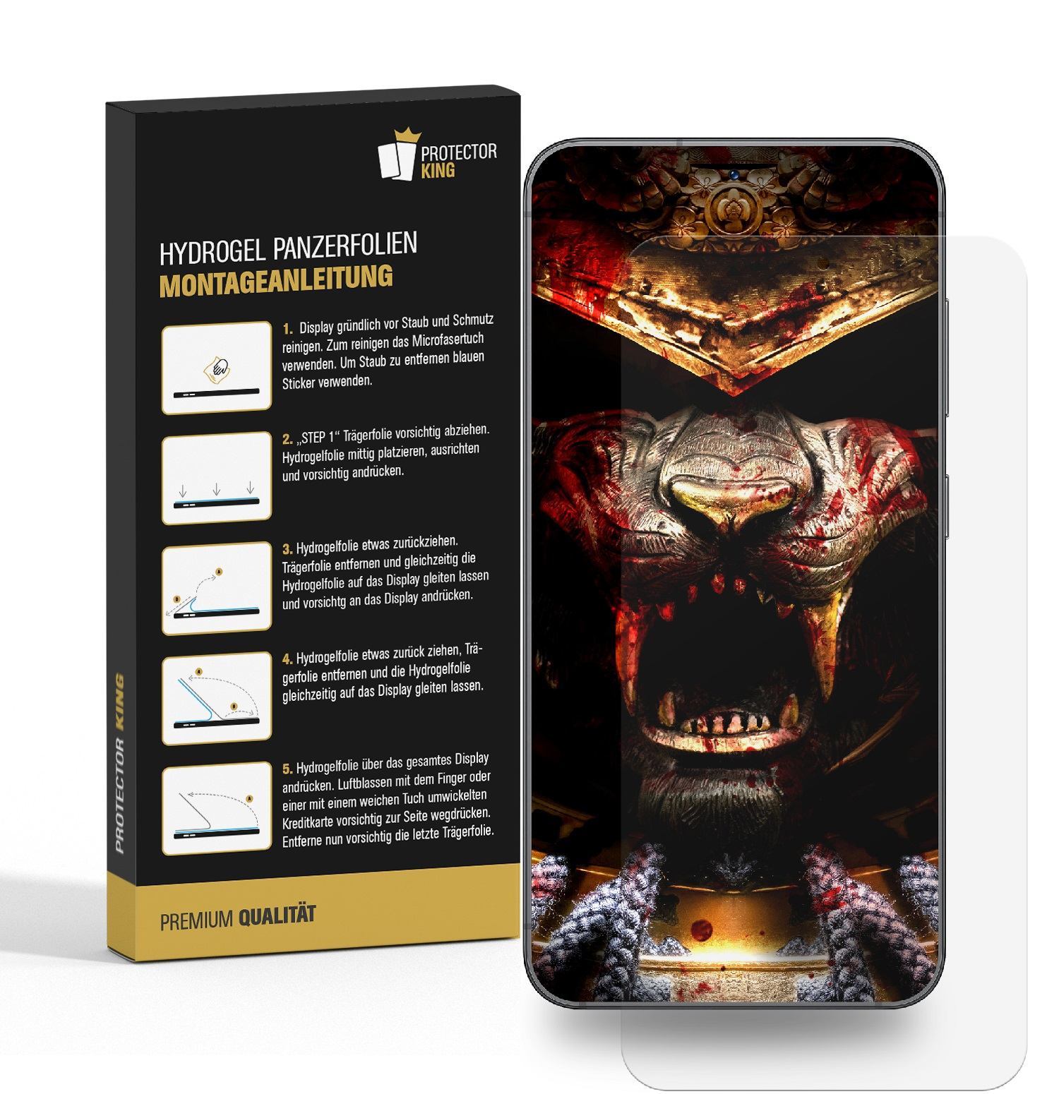 Ein Telefon mit Anleitung zur Anbringung einer Displayschutzfolie und einer Grafik eines Monsters auf dem Bildschirm.
