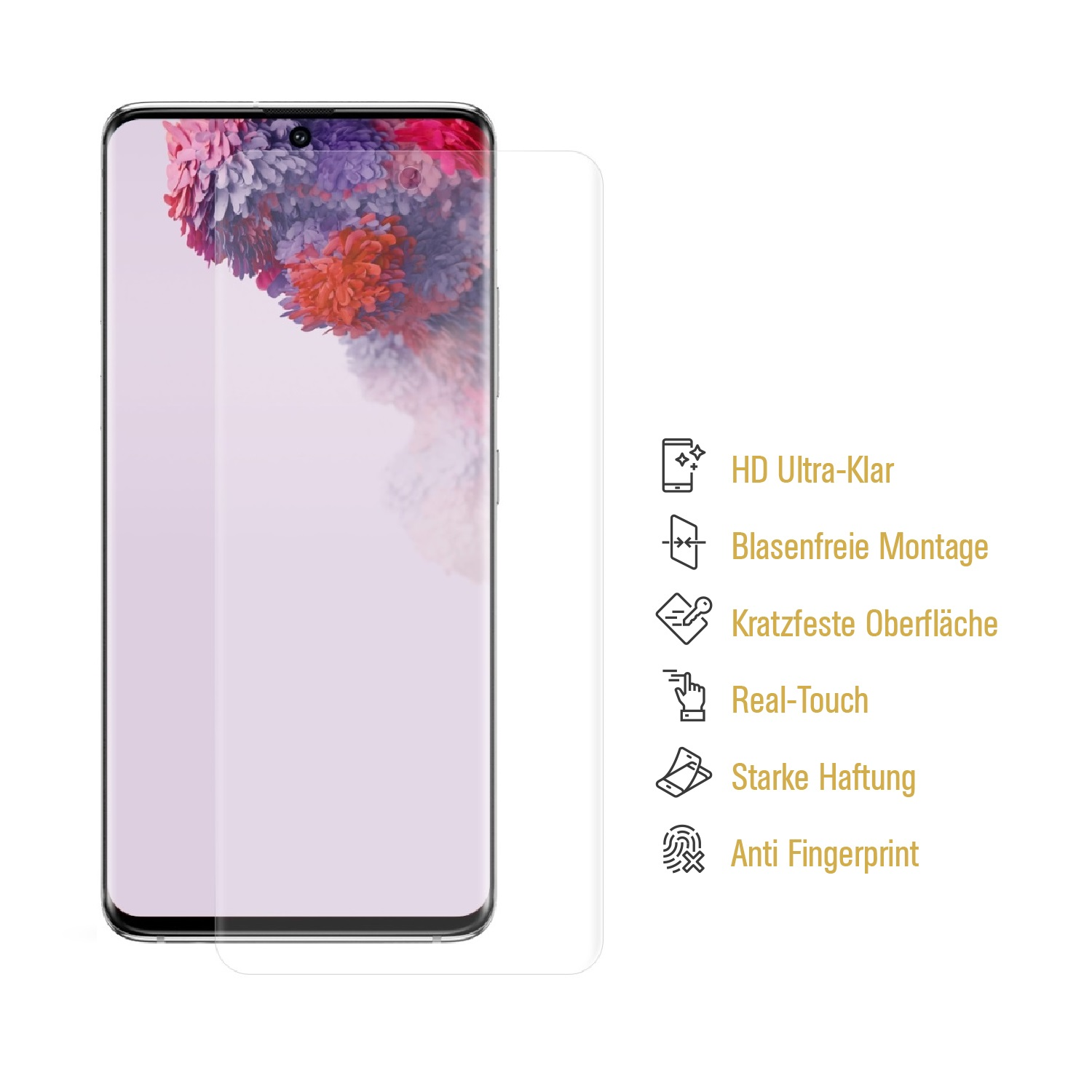 Ein Telefon mit Displayschutzfolie. Merkmale auf weißem Hintergrund.