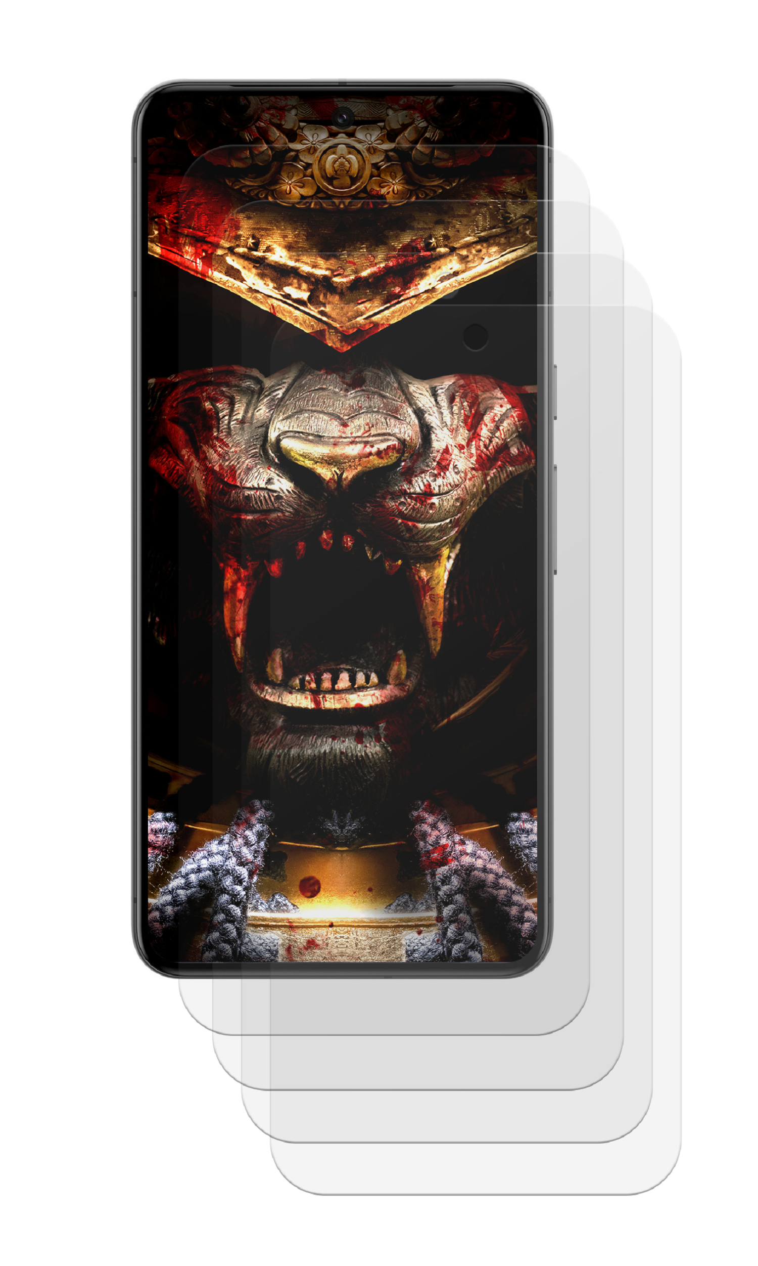 Telefonbildschirm mit gruseligem Gesicht und Displayschutzfolien oben drauf.