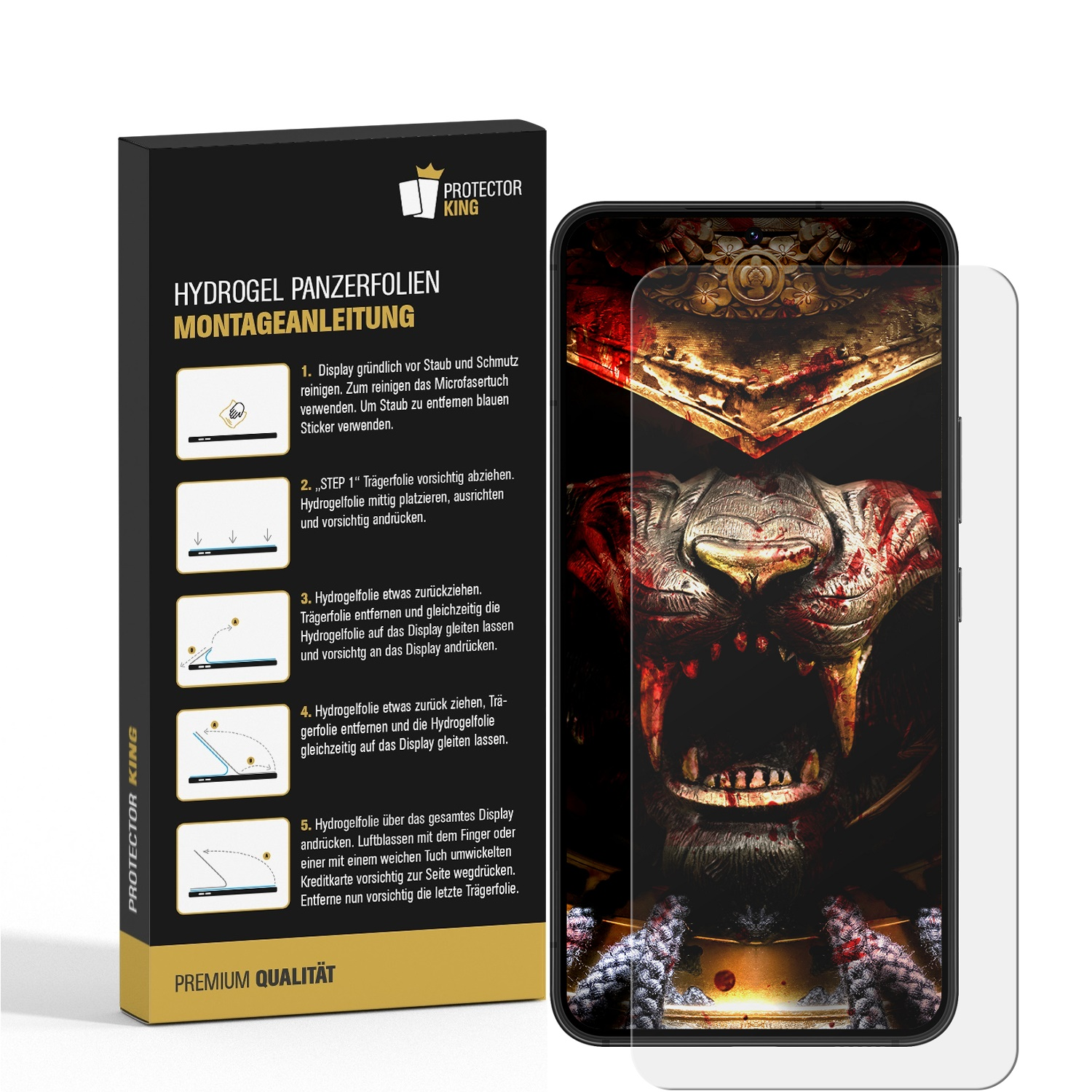 Ein Telefon mit Displayschutzfolie und eine Box mit Installationsschritten. Das Telefon zeigt einen gruseligen Löwen.