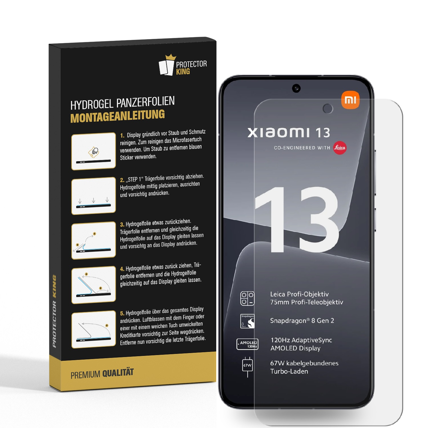Eine Schachtel mit einem Telefon und Displayschutzfolie sowie ein Telefon mit einer Displayschutzfolie.