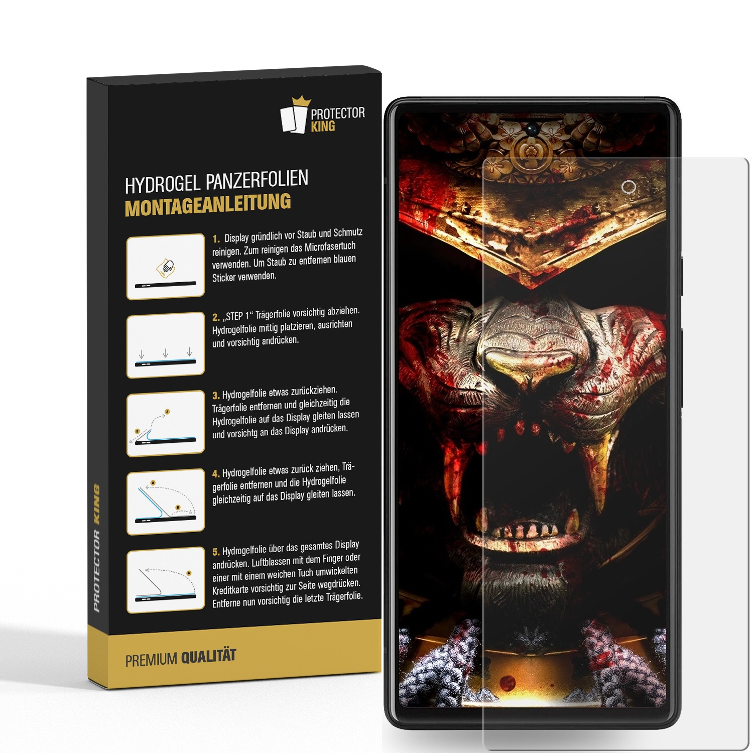 Das Bild zeigt ein Telefon mit aufgebrachter Displayschutzfolie. Links ist eine Box mit Anweisungen.