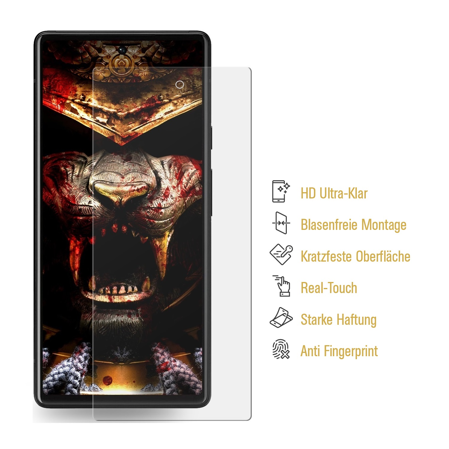 Ein Smartphone mit Displayschutz. Der Schutz ist klar und auf dem Telefon angebracht.