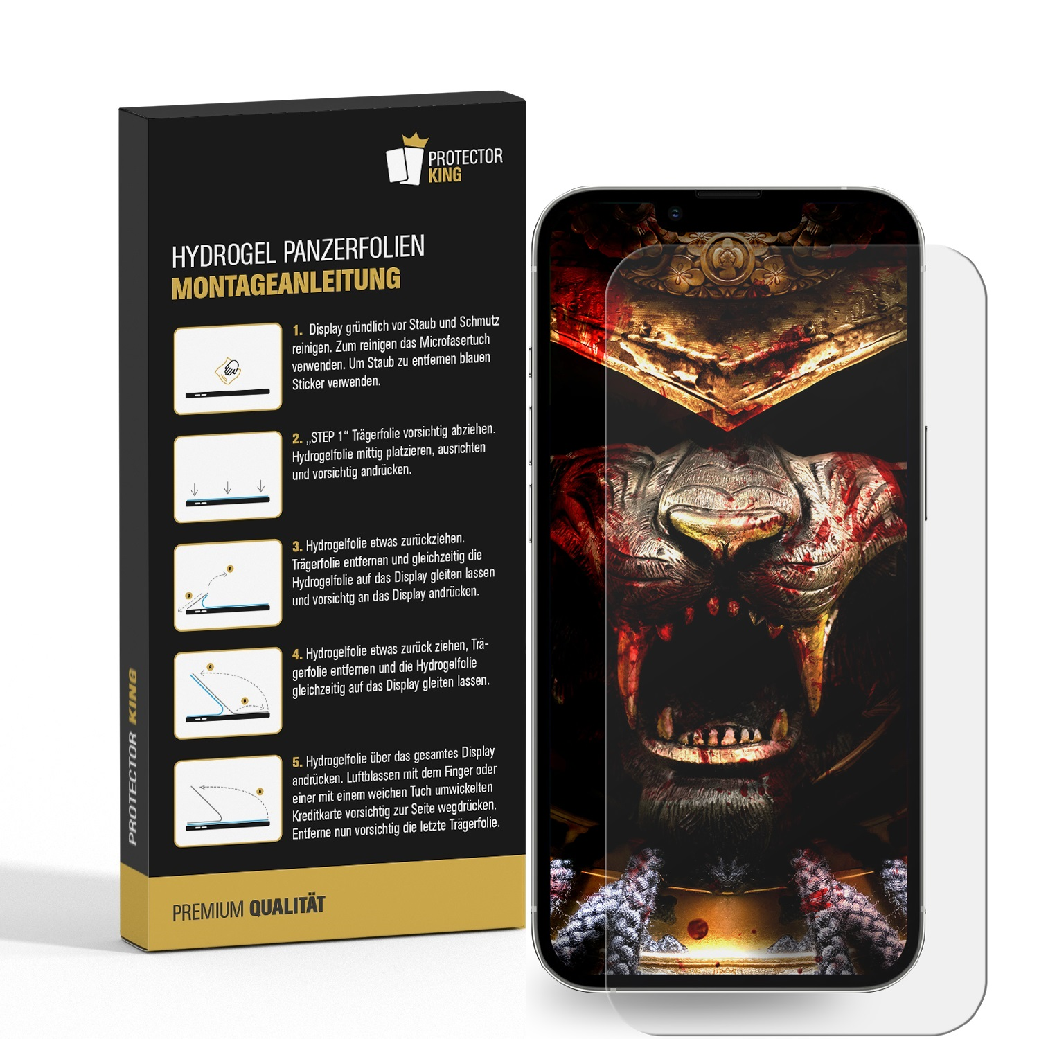 Smartphone mit Displayschutz und Grafik. Eine Box mit Anweisungen.