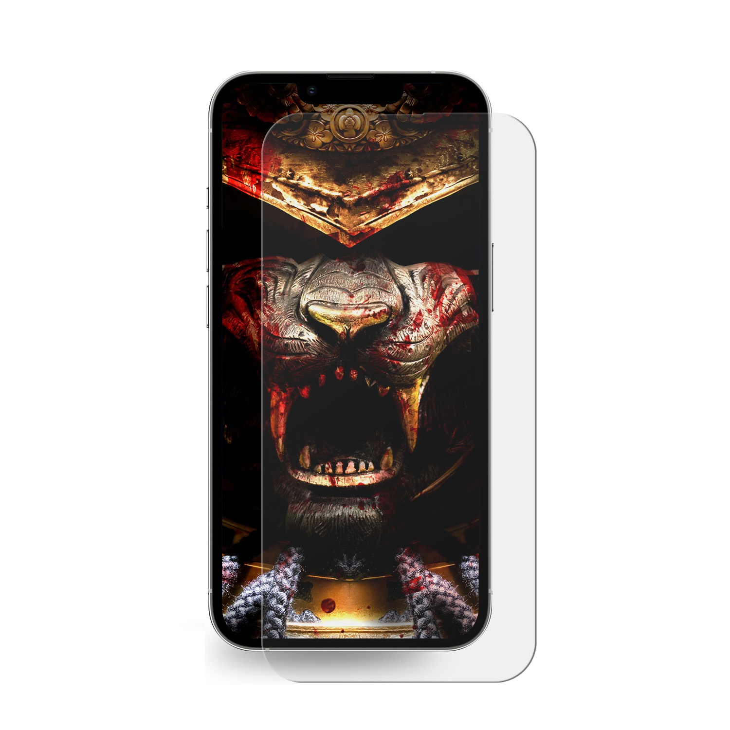 Ein Telefon mit Displayschutz, das ein löwenartiges Gesicht mit blutigem Design zeigt.