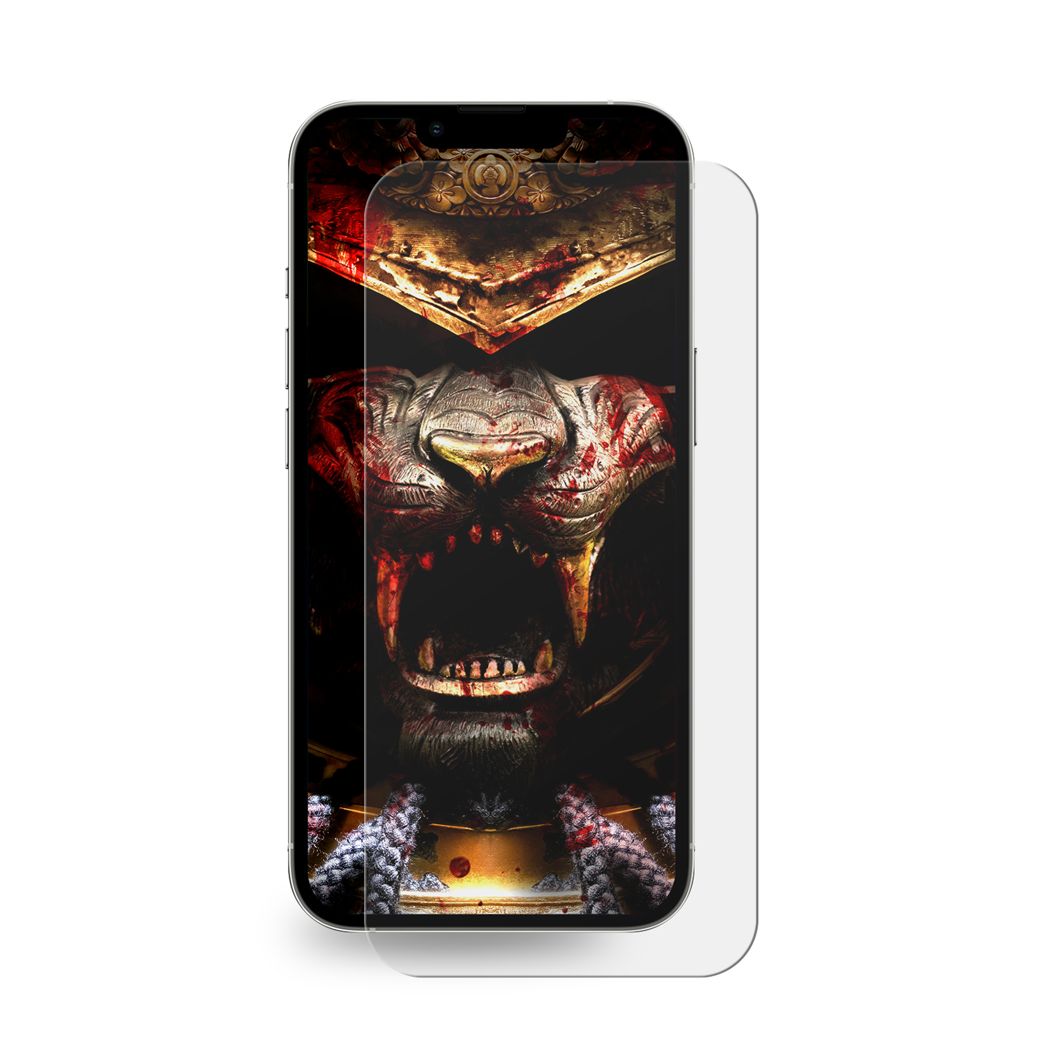 Ein Smartphone mit einem Displayschutz, der einen Samurai zeigt. Der Schutz ist transparent.