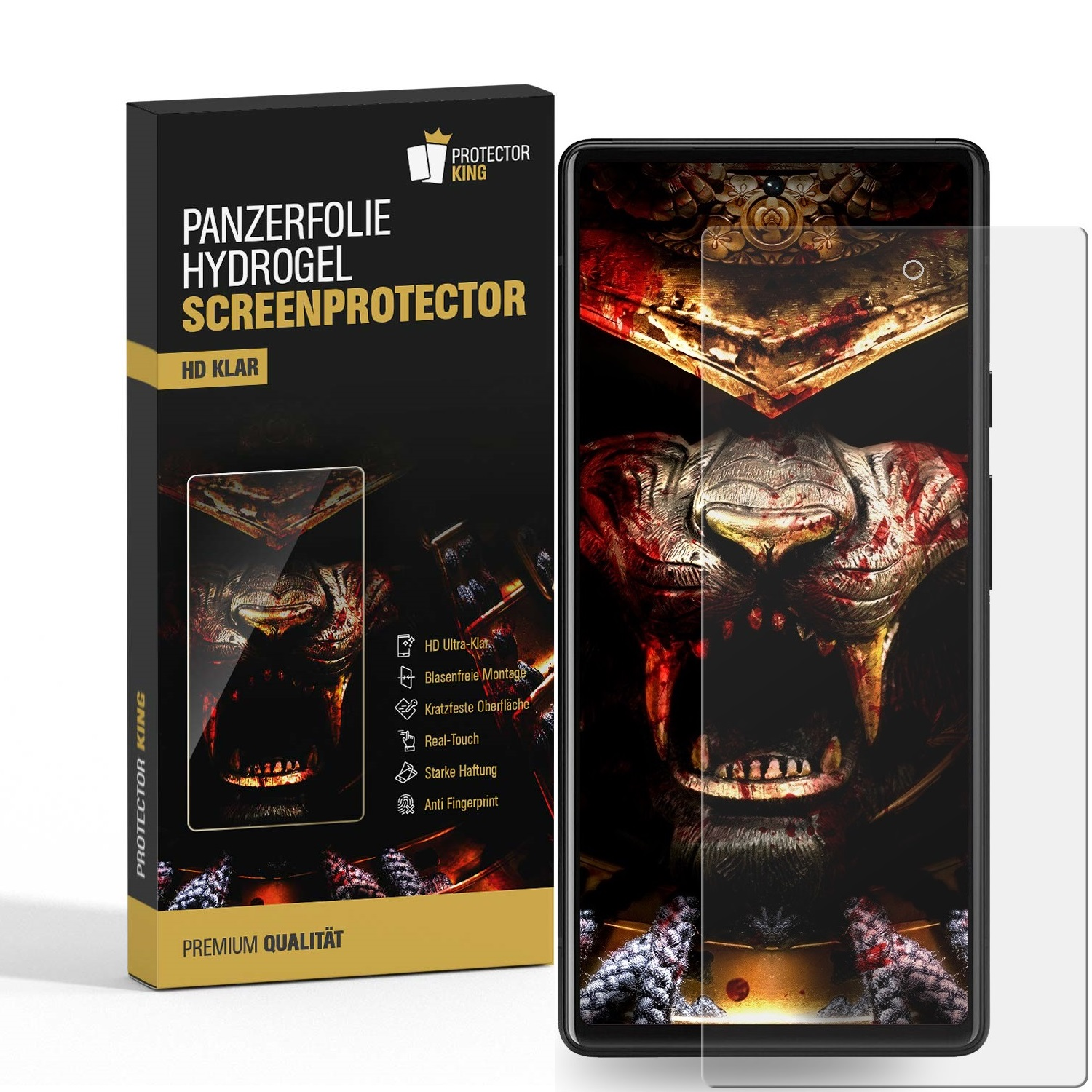 Eine Displayschutzfolie und ein Telefon. Protector King-Box links, Telefon mit Löwenkunst rechts.