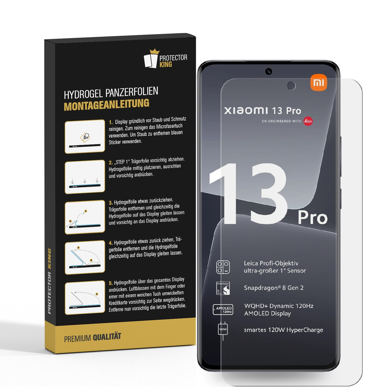 Installationskit für Displayschutzfolie mit Telefon und Anweisungen.