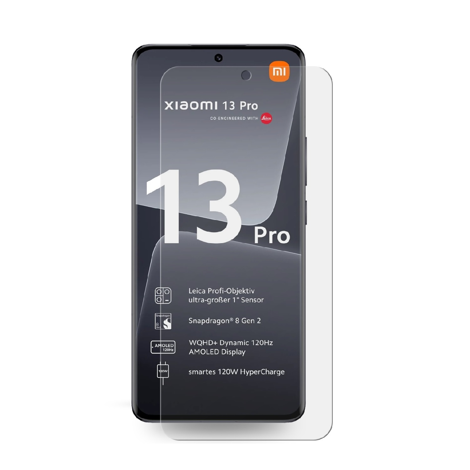 Xiaomi 13 Pro-Telefon mit Displayschutz, zeigt Text und einen Kameraausschnitt.