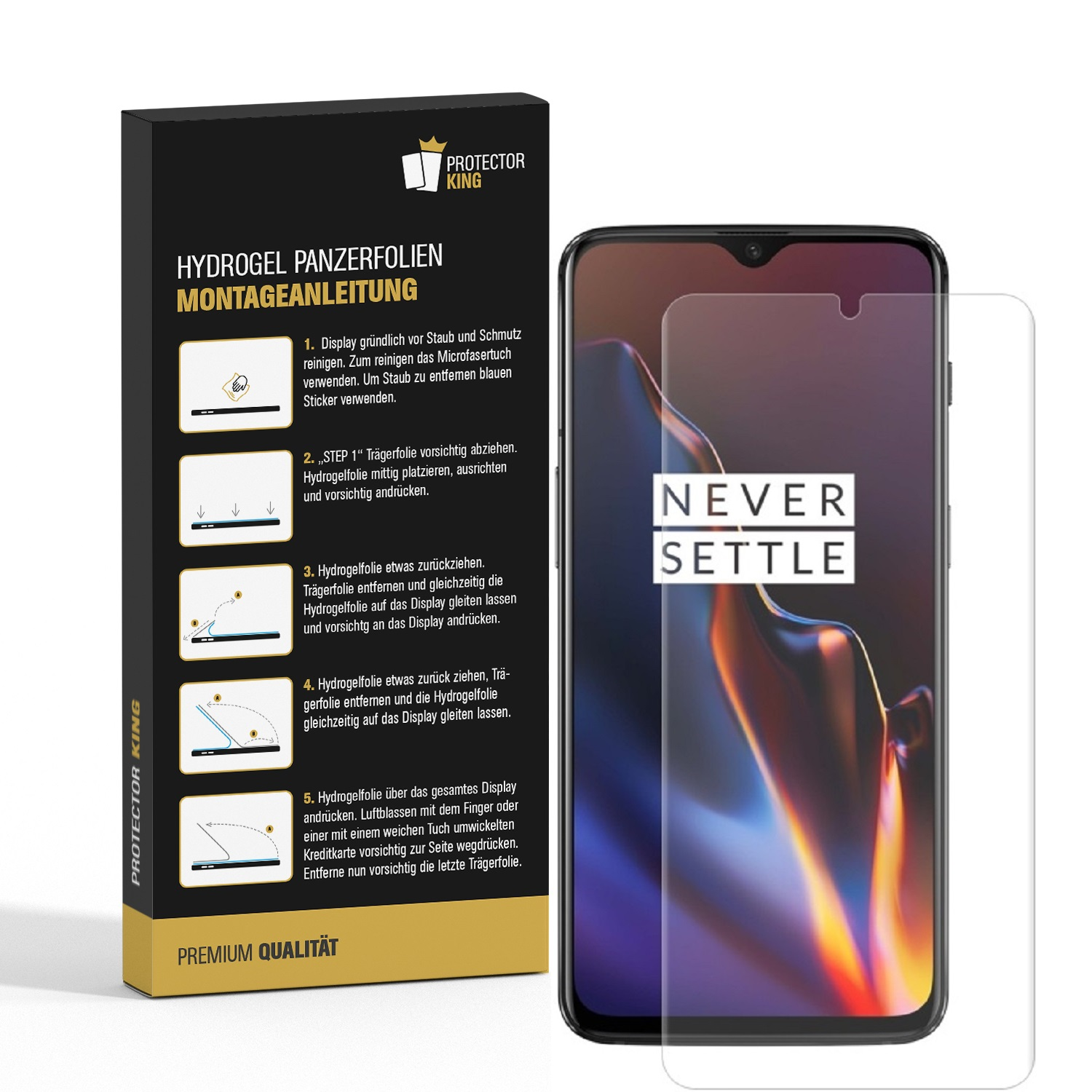 Displayschutzfolie mit Anweisungen und Telefon. Display mit 'NEVER SETTLE'-Text.