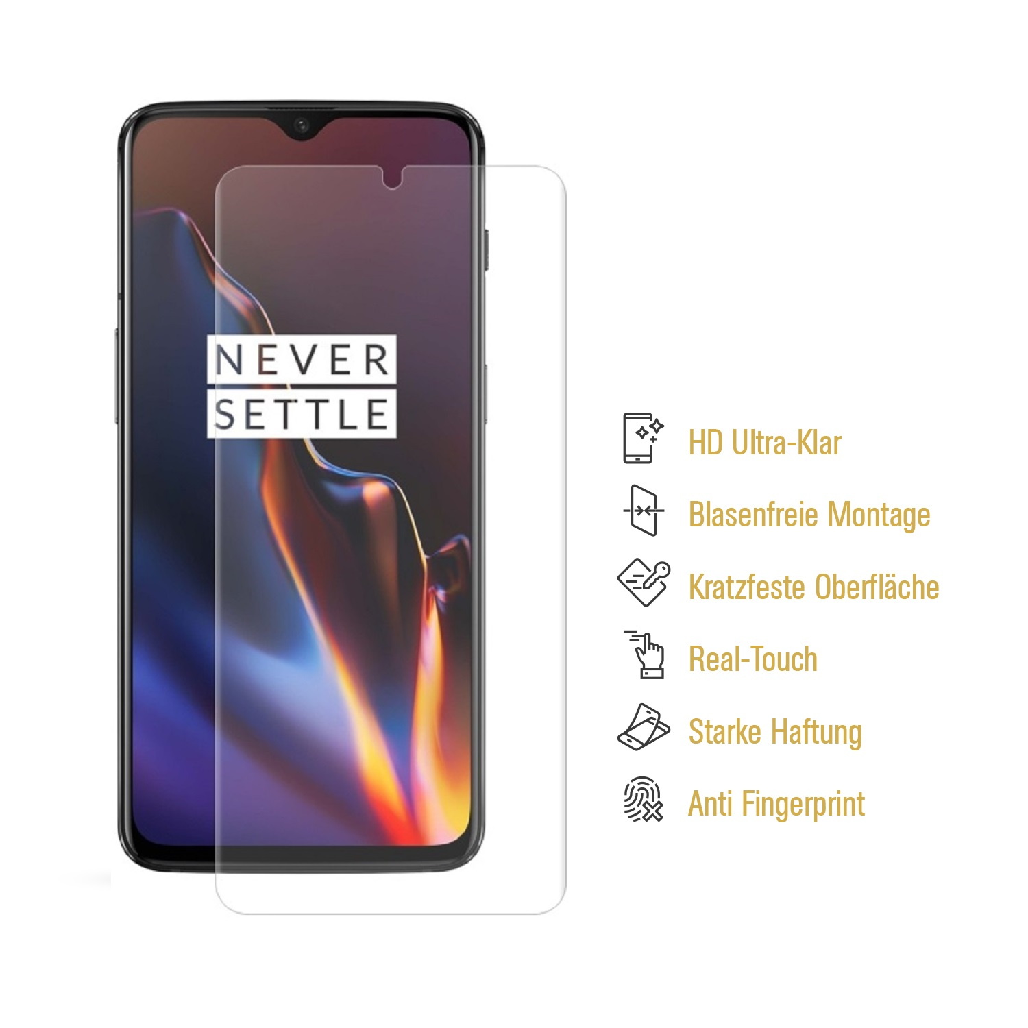 Ein Telefon mit Displayschutzfolie neben einer Liste der Funktionen des Protektors auf weißem Hintergrund.