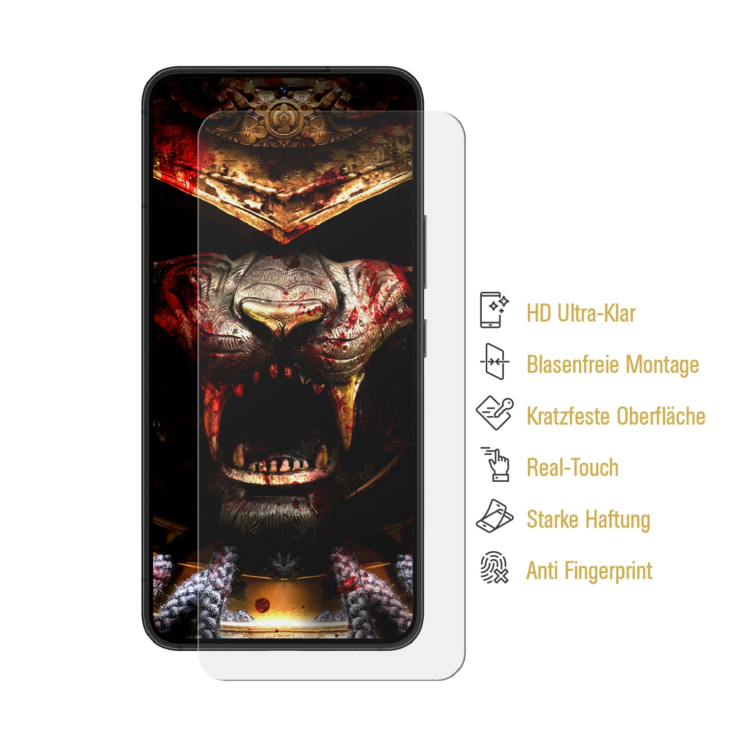 Telefon mit Displayschutzfolie mit Design. Klarer Displayschutz, Grafiken und Text. Weißer Hintergrund.