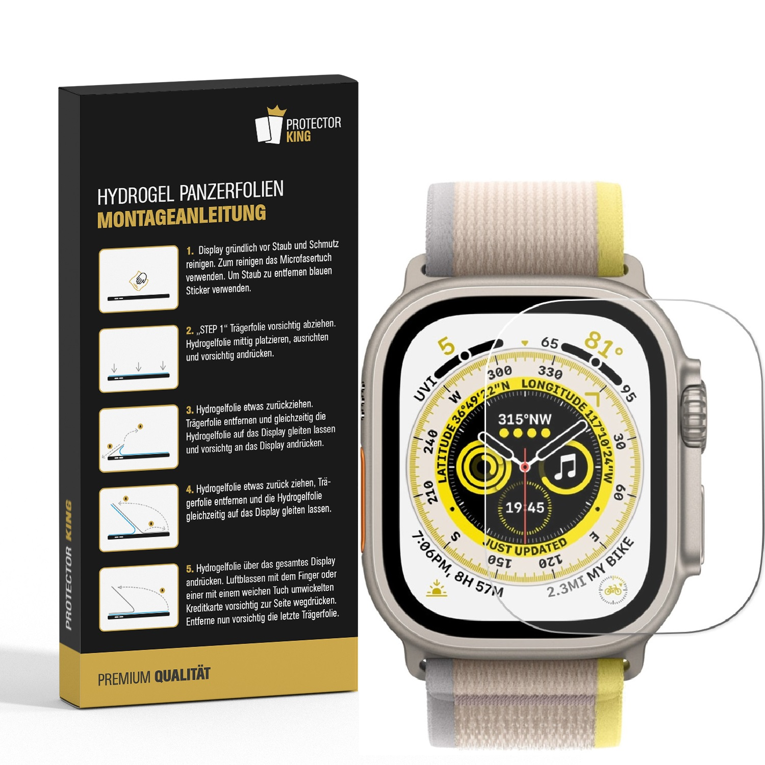 Smartwatch und Displayschutzfolienverpackung mit Anleitung. Das Zifferblatt zeigt Karte, Uhrzeit und Informationseinstellungen.