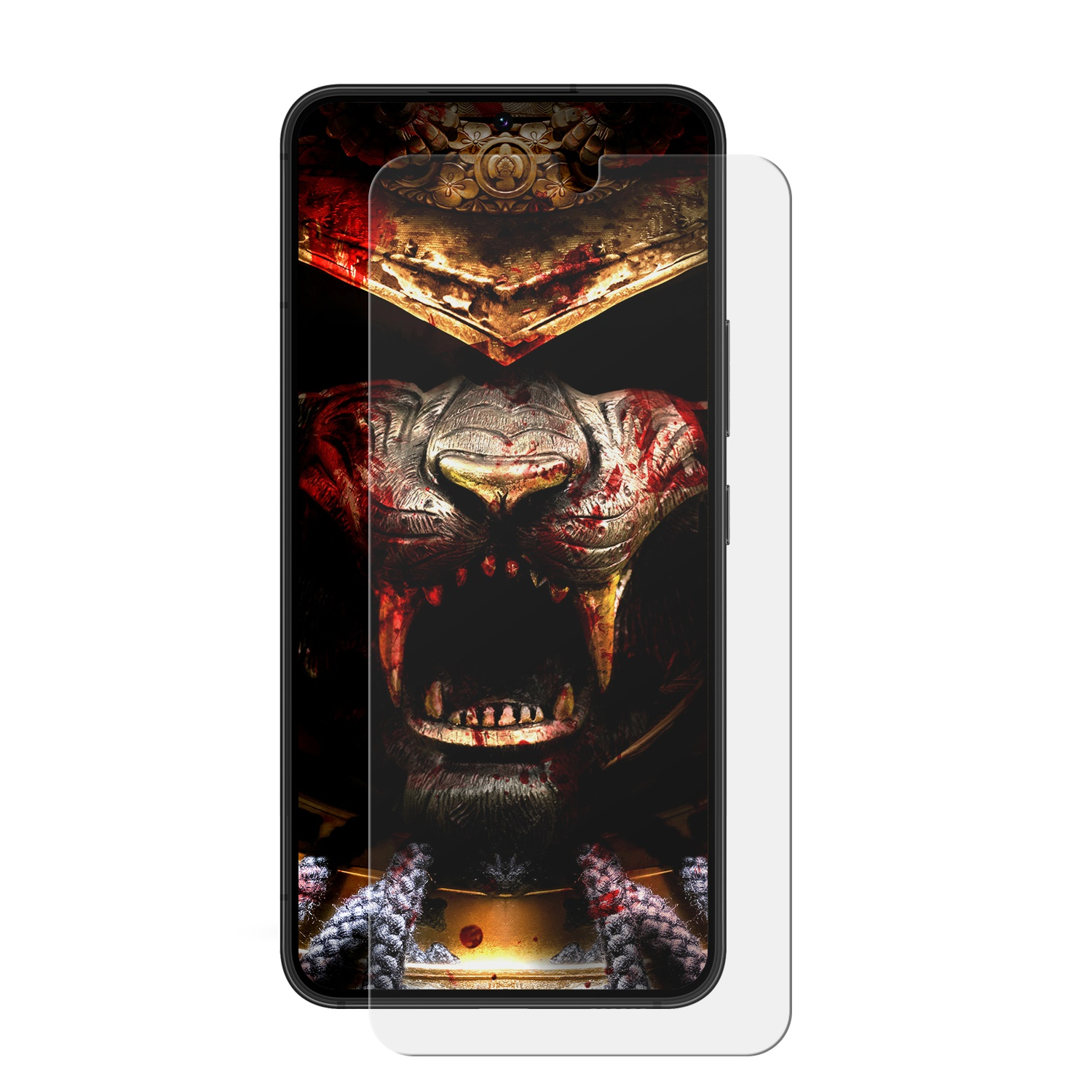 Telefon mit Displayschutz. Der Bildschirm zeigt das Gesicht eines Kriegers mit Helm. Weißer Hintergrund.