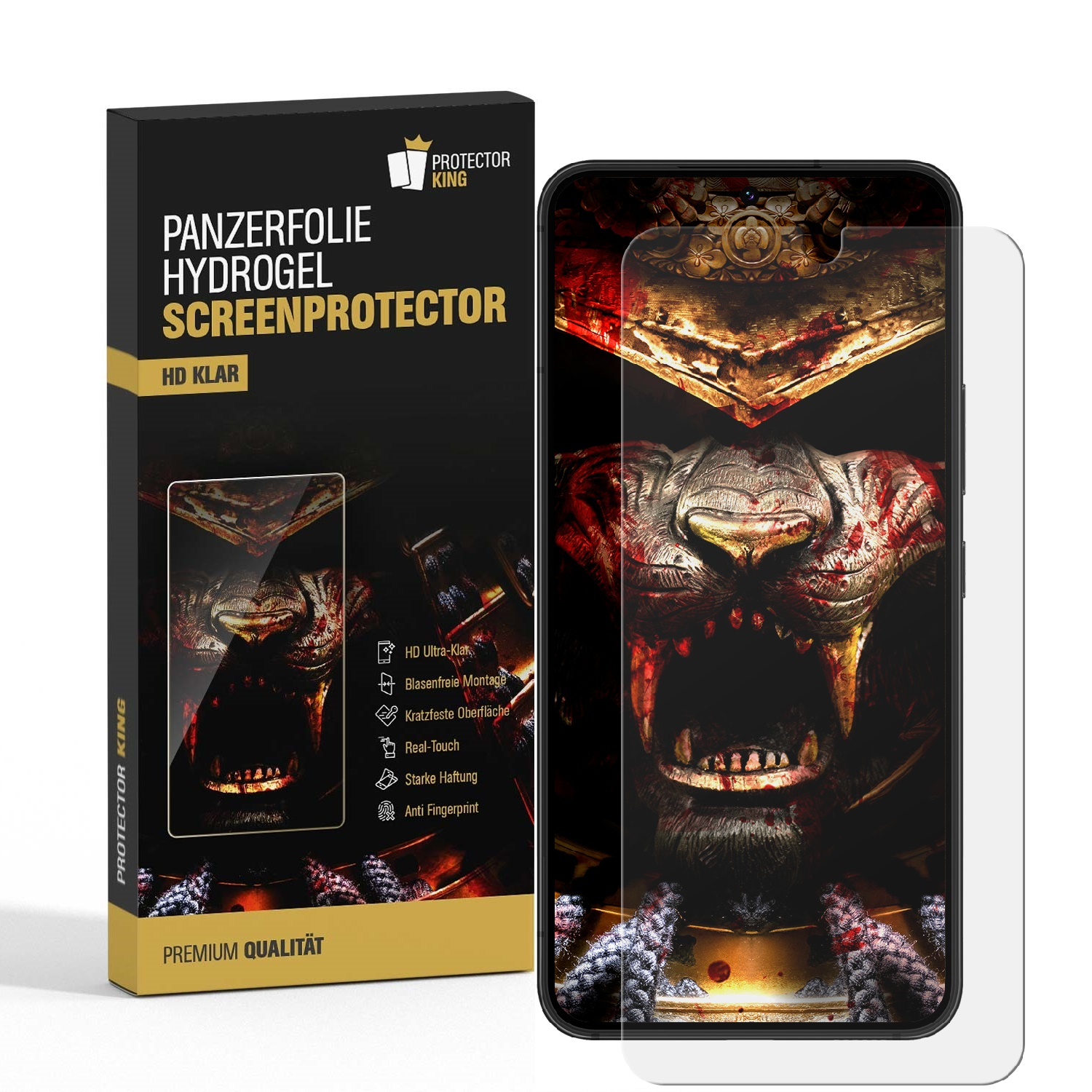 Telefon-Displayschutzbox und Telefon mit Schutzfolie. Die Folie zeigt ein Monsterbild.