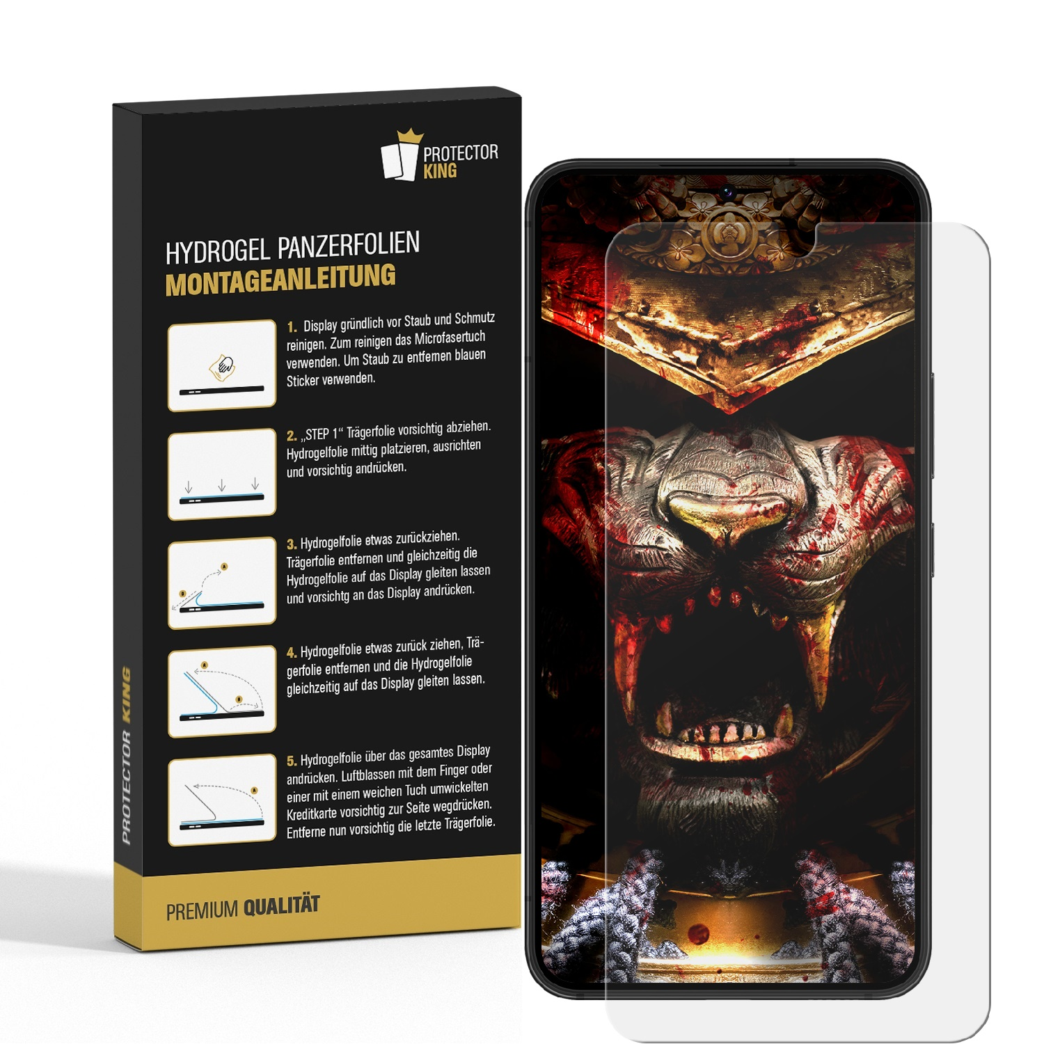 Ein Telefon mit Displayschutz neben der Box. Das Telefon zeigt ein Löwenbild. Die Box enthält Anweisungen.