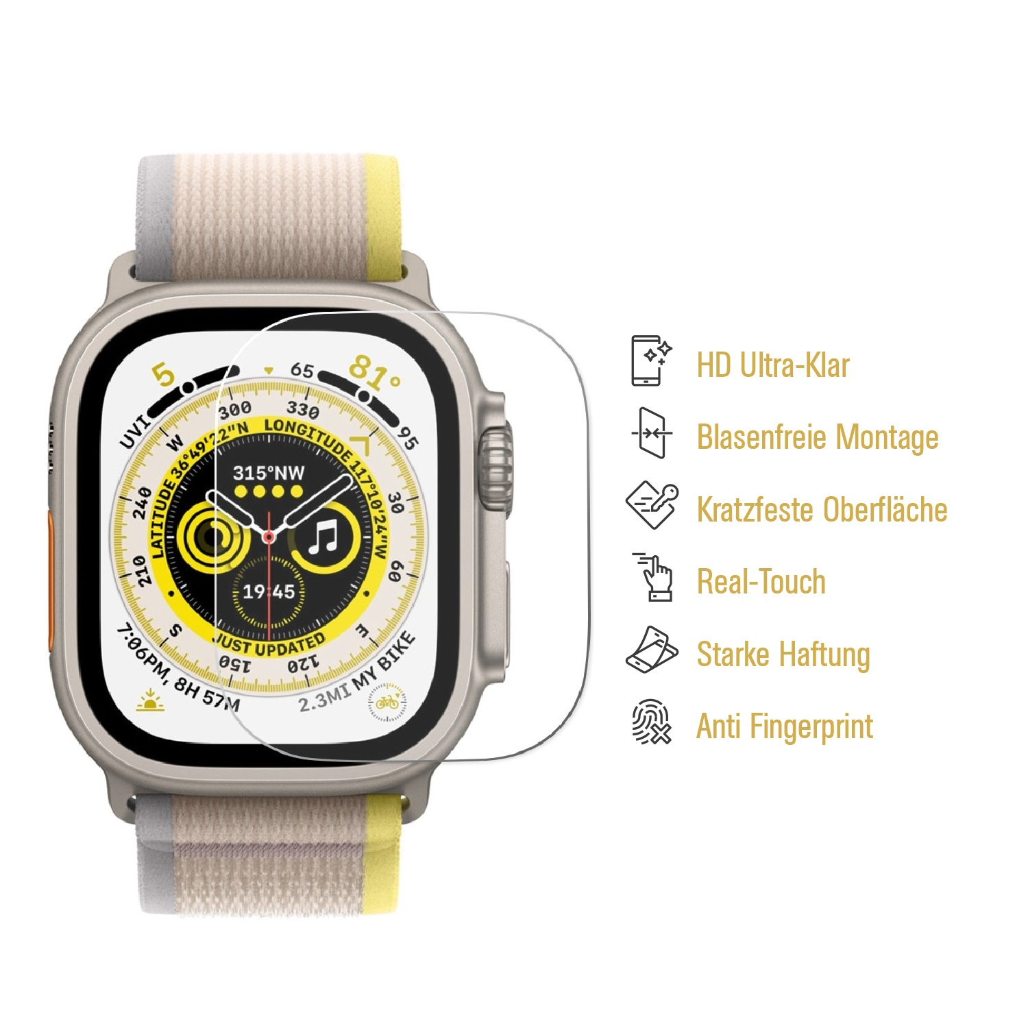 Eine Smartwatch mit cremefarbenem Armband, zeigt Zeit und andere Daten. Text auf Deutsch sichtbar.