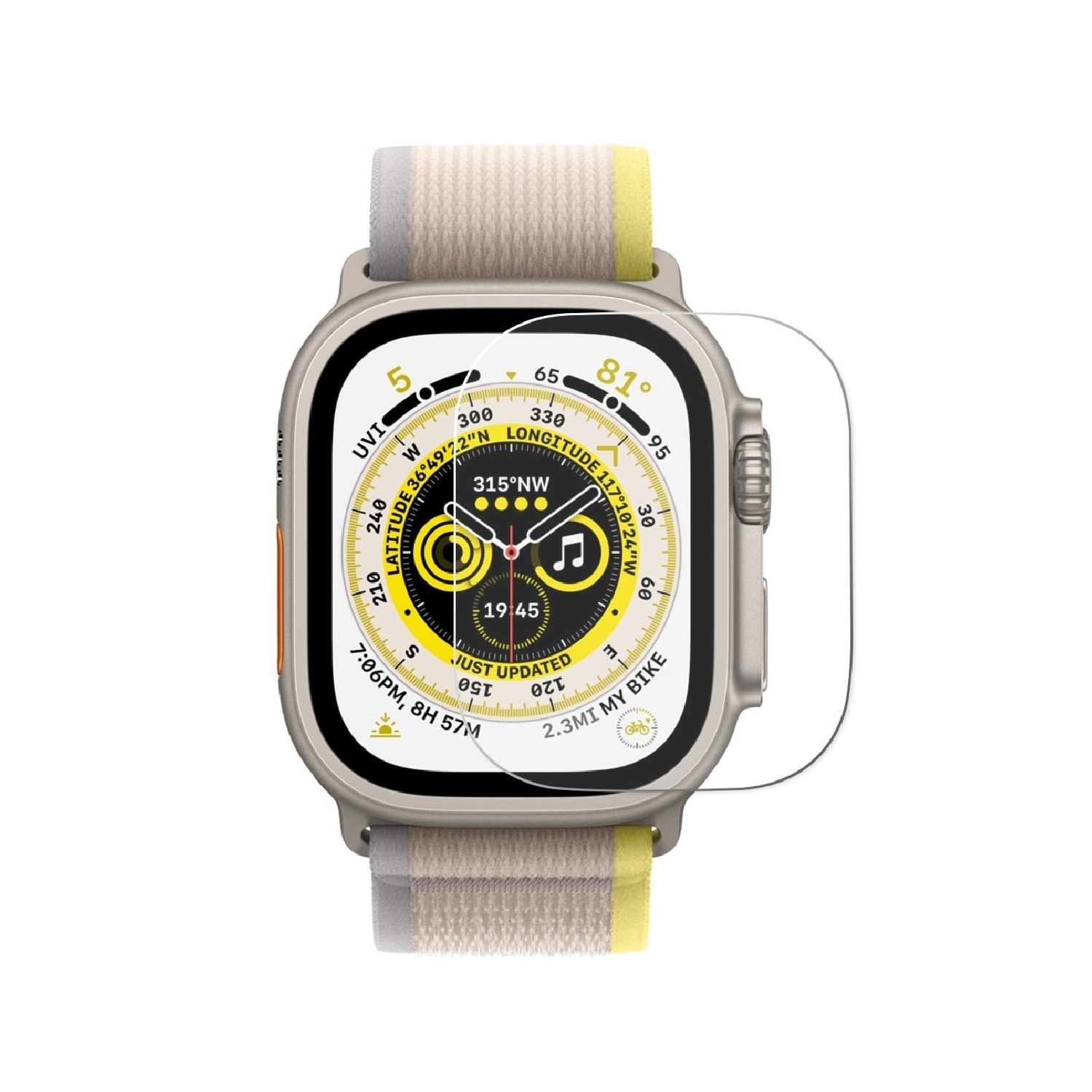 Silberne Apple Watch mit Displayschutzfolie, zeigt die Zeit und Informationen auf dem Display.
