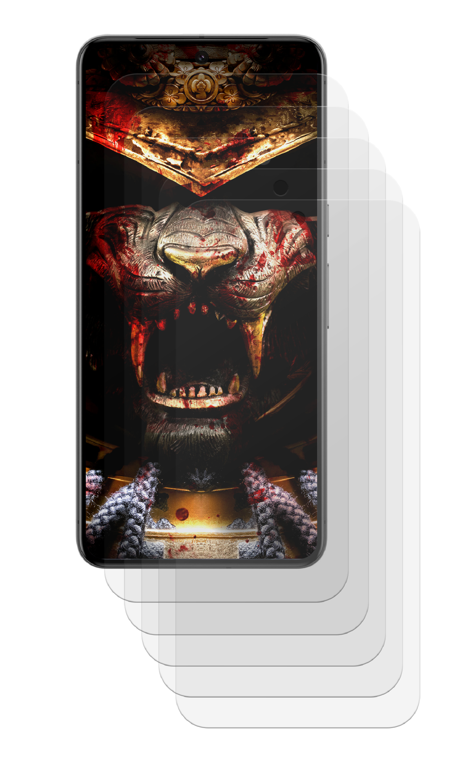 Ein Telefon mit aufgebrachten Displayschutzfolien, die ein Samurai-Gesicht zeigen. Mehrere Schutzfolien sind gestapelt.