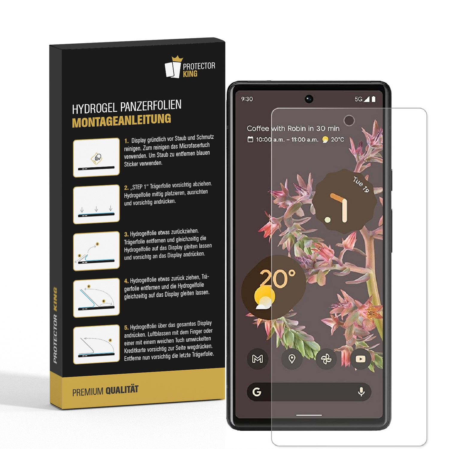 Ein Telefon mit angebrachter Displayschutzfolie neben der Anleitung.