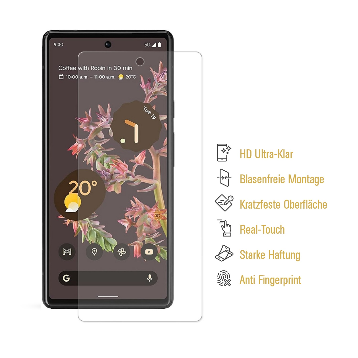 Ein Telefon mit Displayschutz und einem Bildschirm, der eine Uhr- und Wetter-App zeigt. Funktionen sind aufgelistet.