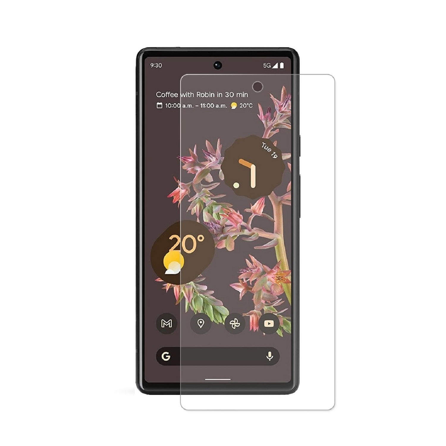 Google Pixel-Telefon mit Displayschutz, zeigt Kalender- und Wetterinformationen.