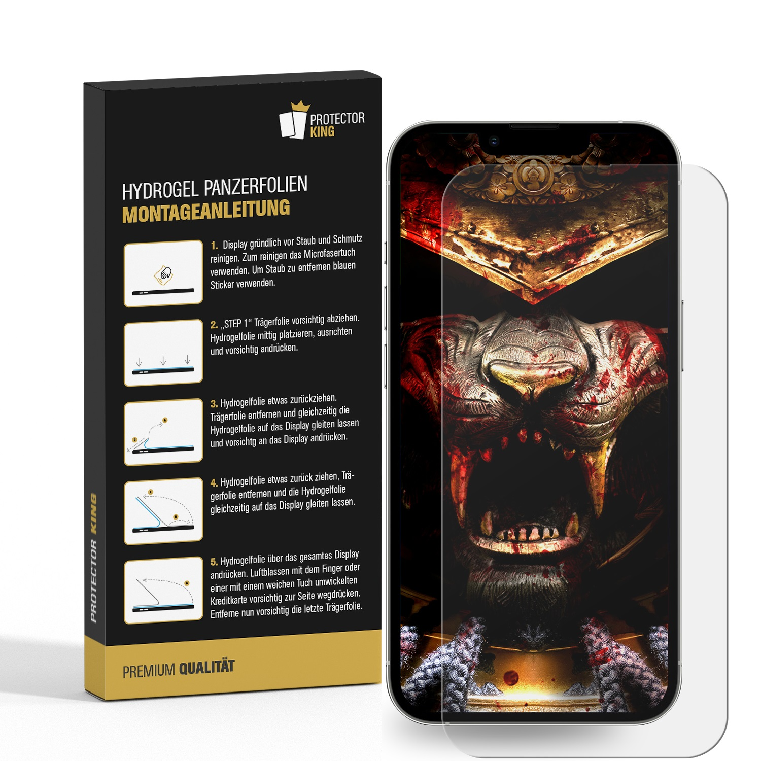 Ein Telefon mit Displayschutzfolie und eine Box. Die Box zeigt Installationsschritte und ein Telefon mit Grafik.