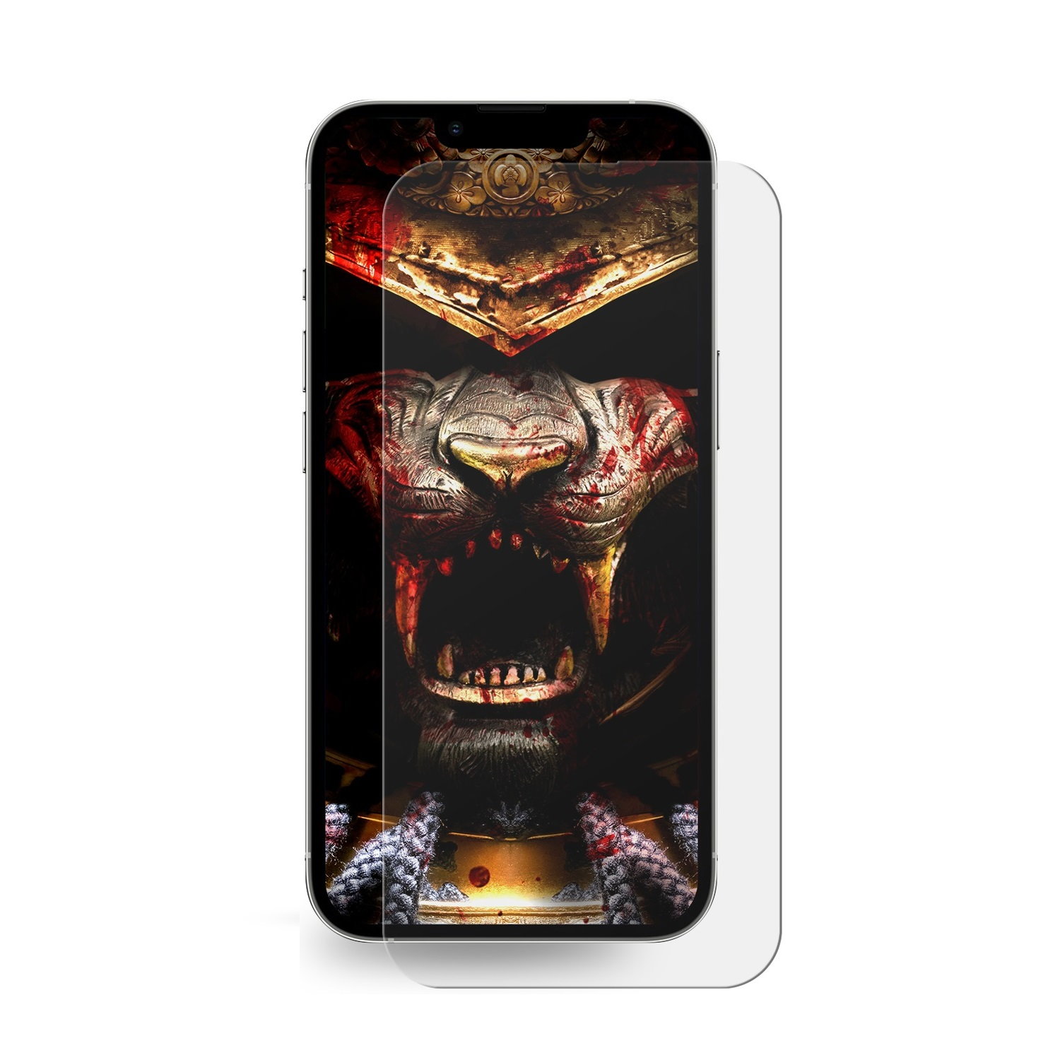 Smartphone mit Displayschutz und Grafik. Die Grafik ist ein Krieger.