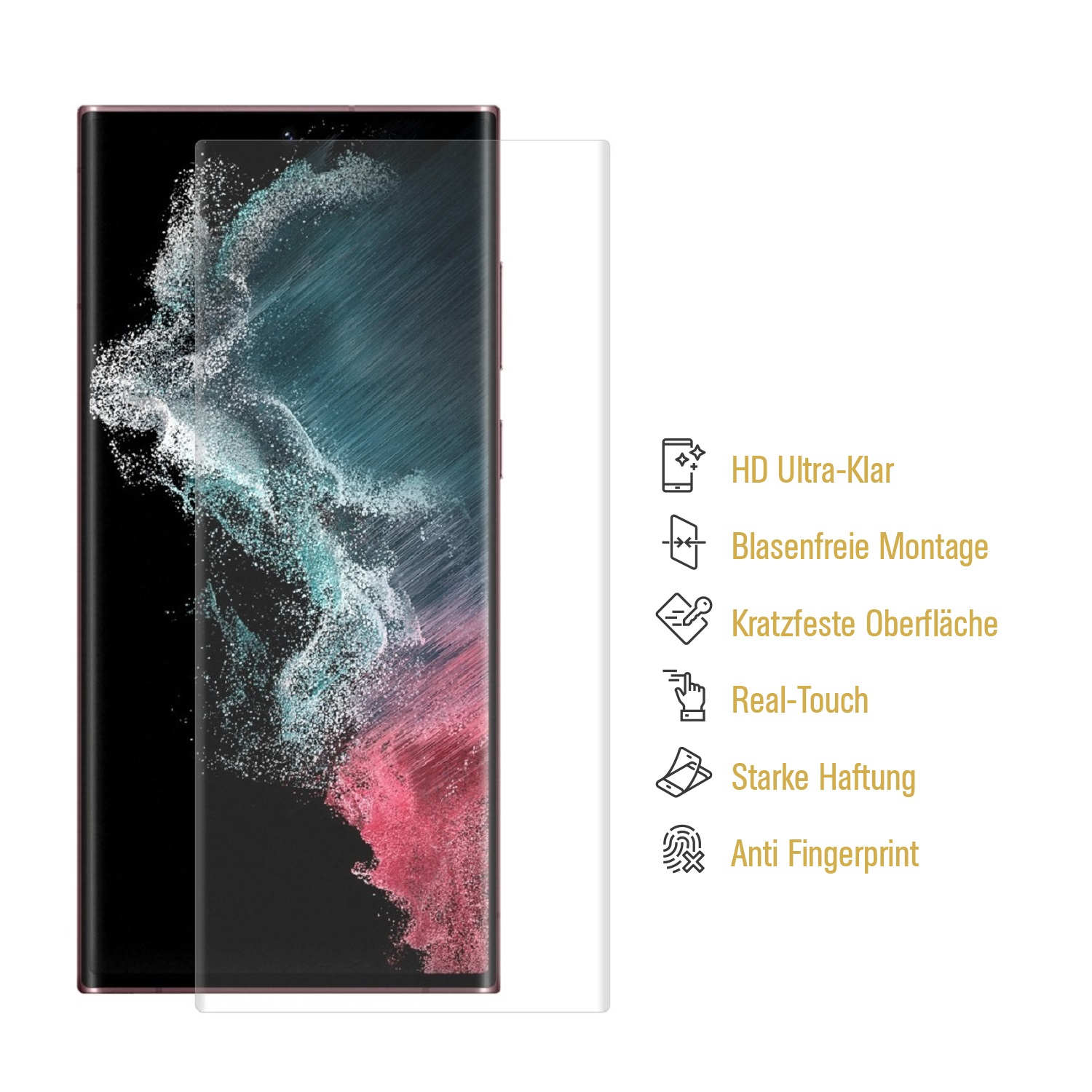 Ein Telefon mit Displayschutzfolie und Text. Der Schutz ist klar. Text beschreibt Eigenschaften des Displayschutzes.