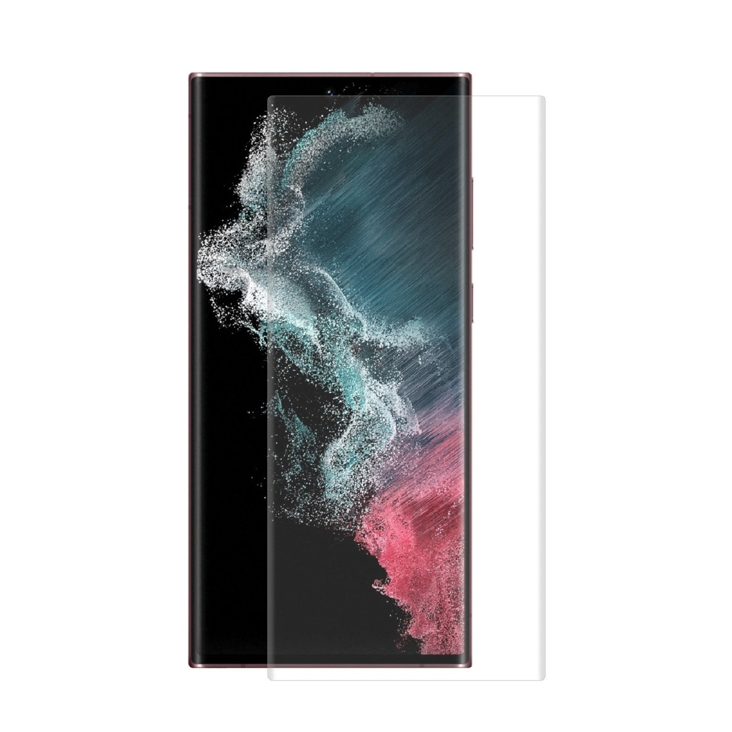 Smartphone mit Displayschutz. Das Telefon ist schwarz und hat einen Bildschirm mit bunter Grafik.