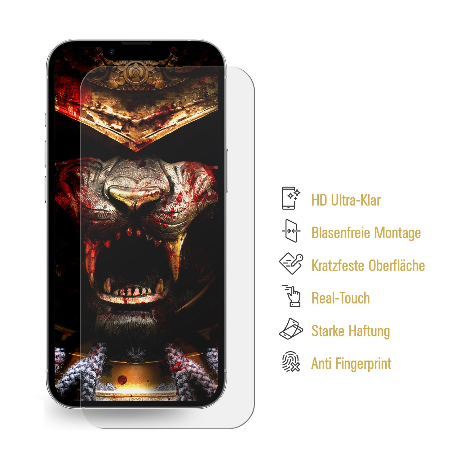 Ein Telefonbild mit einem Kriegerbild und ein klarer Displayschutz daneben. Text hebt Funktionen hervor.