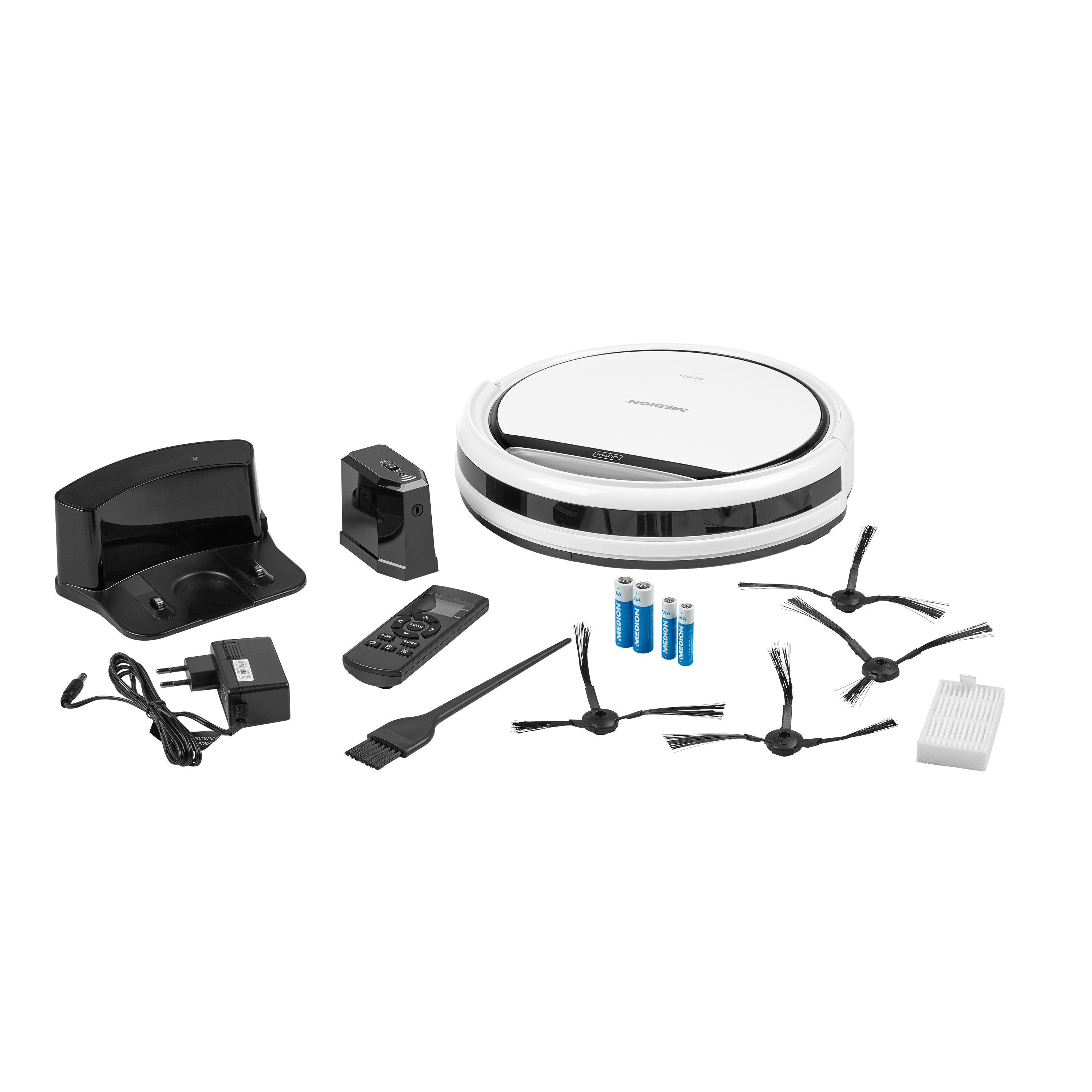 Aspiradora robot y accesorios. Incluye estación de carga, mando, cepillos y baterías.