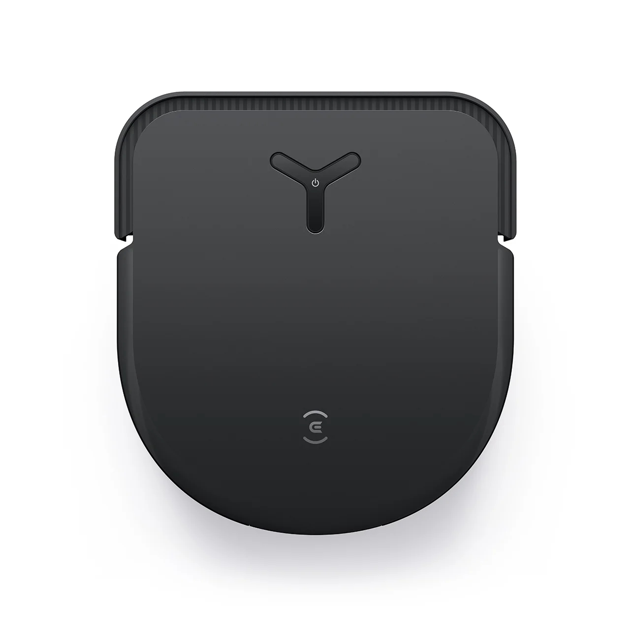 Czarny kwadratowy robot odkurzający. Widok z góry czarnego, kwadratowego robota odkurzającego na białym tle.