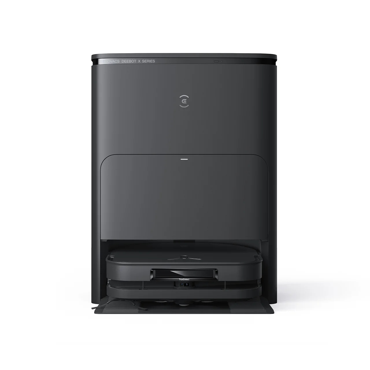 Czarny odkurzacz automatyczny, widok z przodu. Pojemnik na kurz jest wyciągnięty.