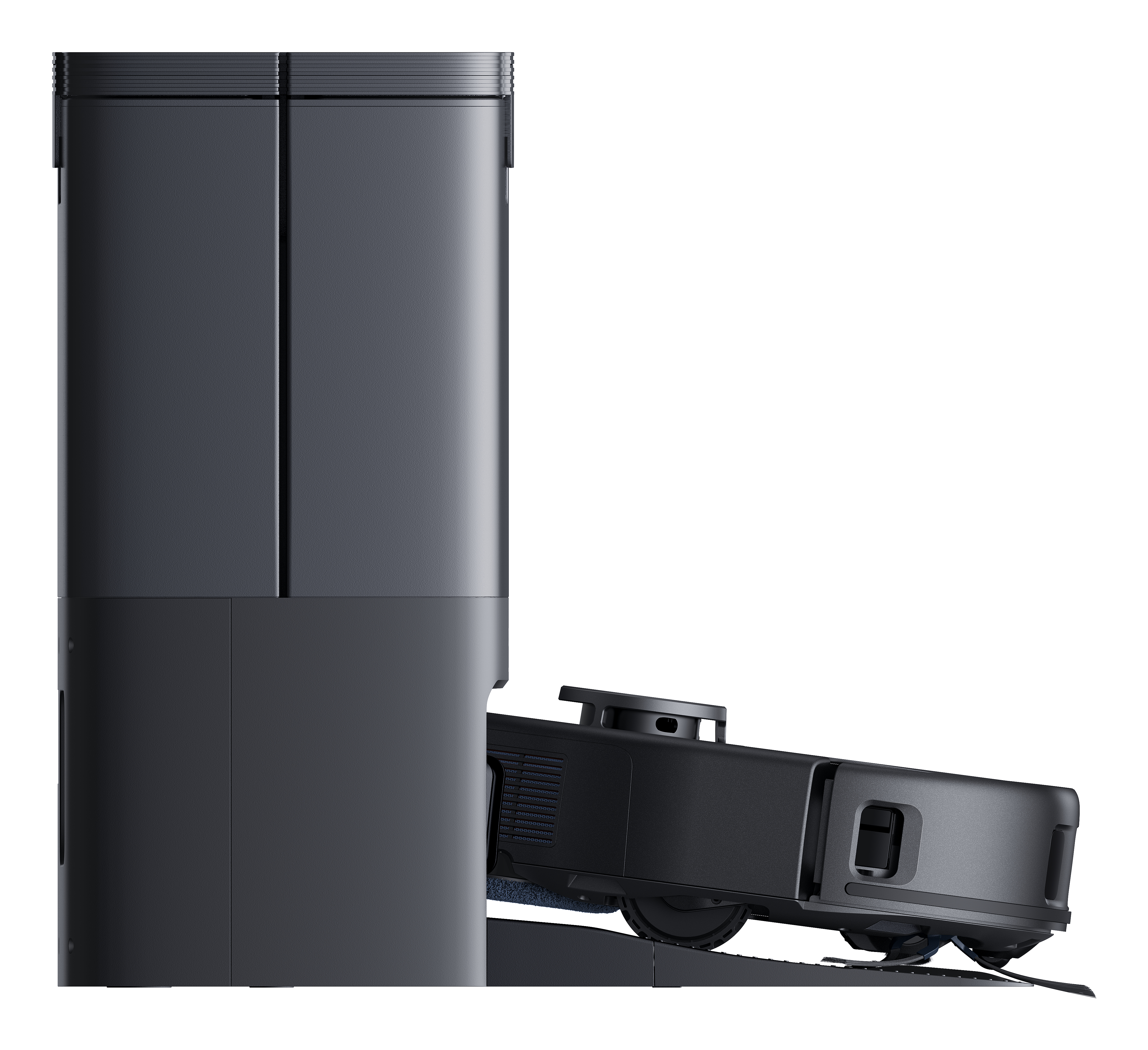 Czarny robot odkurzający w trakcie dokowania do stacji ładującej.