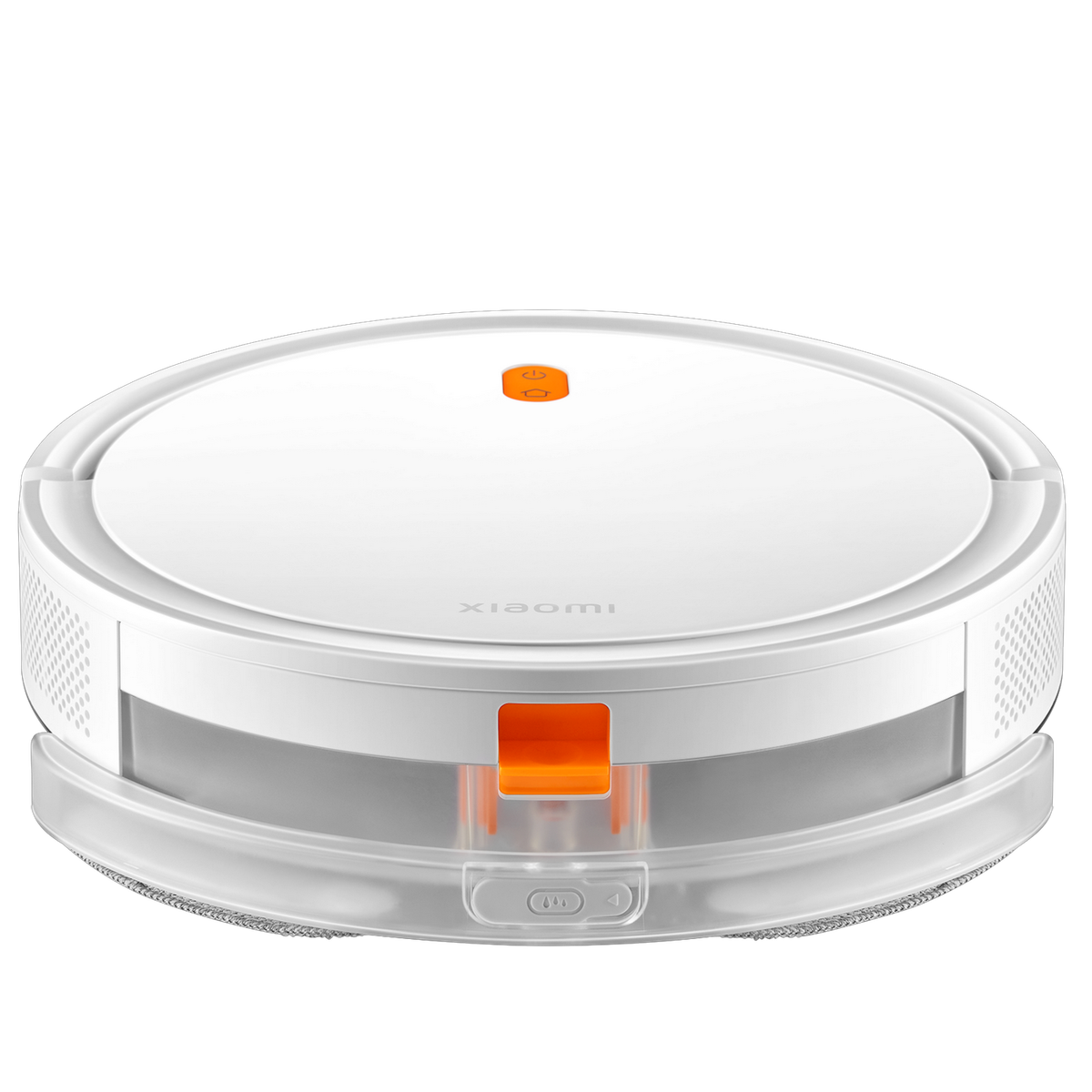 Biały odkurzacz robot z pomarańczowym przyciskiem. Przezroczysty pojemnik.