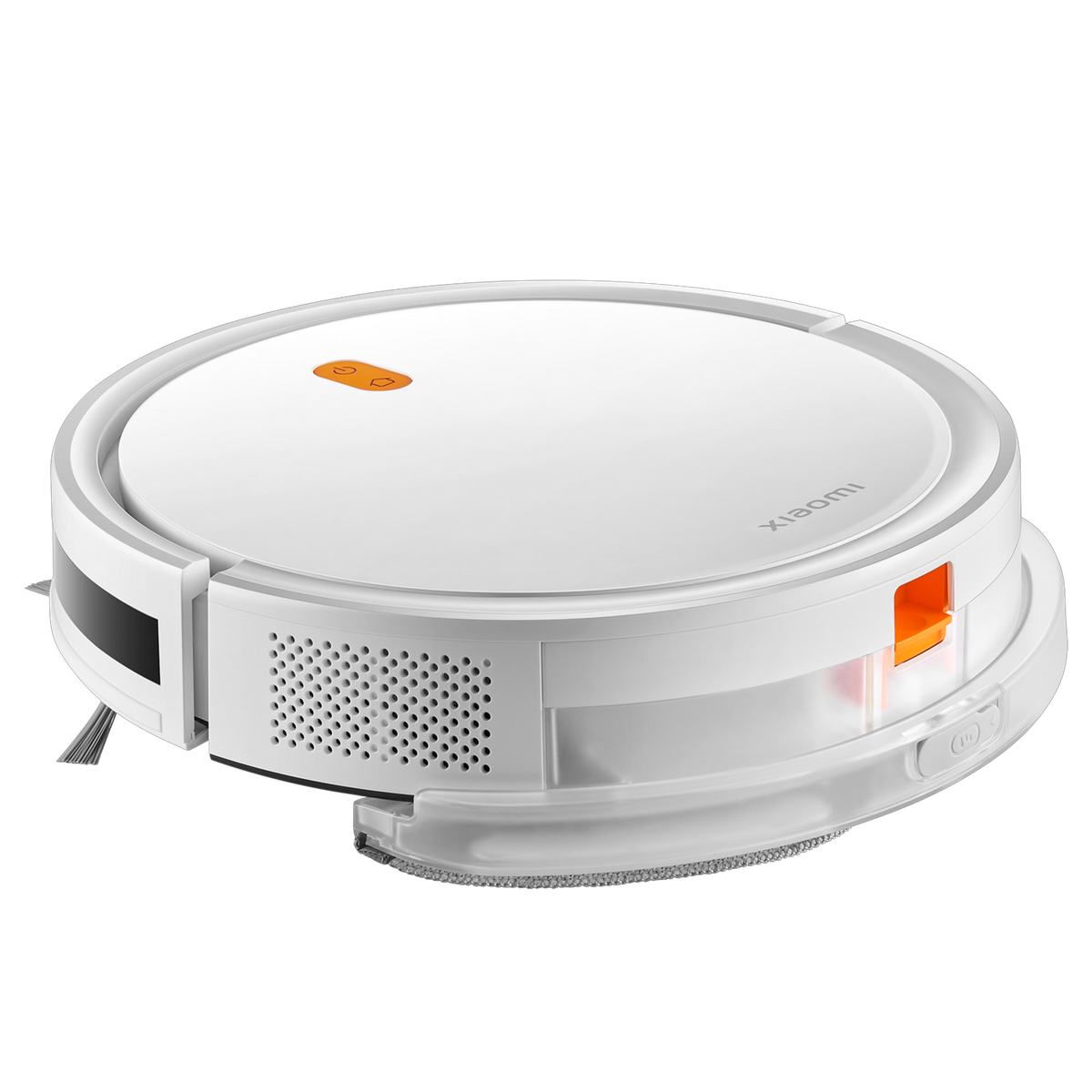 Biały odkurzacz robot z pomarańczowymi akcentami i szczotką boczną.