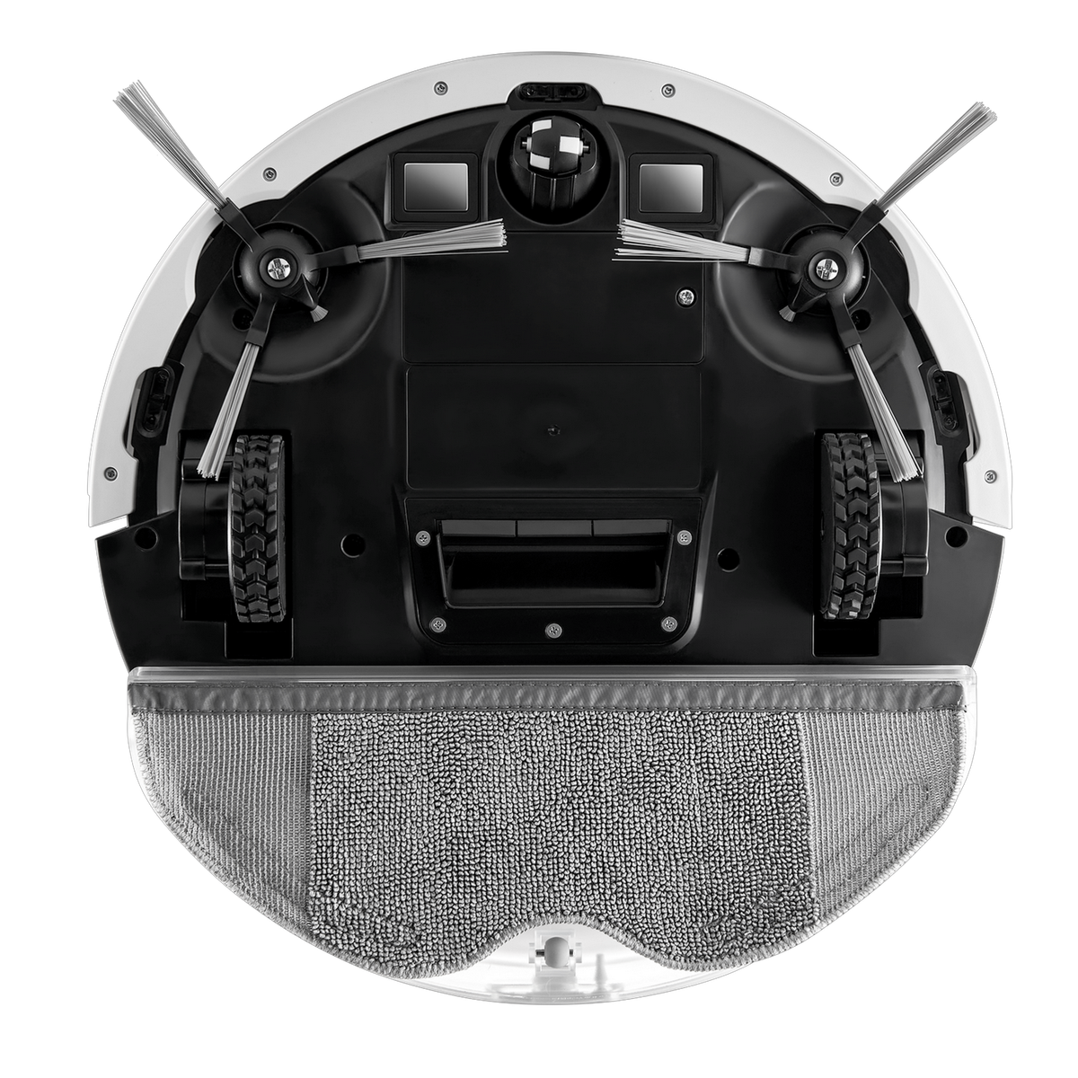 Spód robota sprzątającego z szczotkami, kołami i nakładką do czyszczenia.