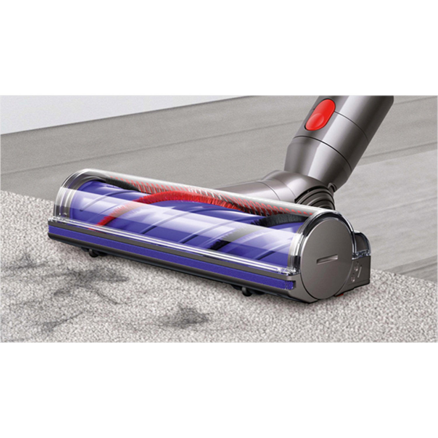 Dyson Staubsaugerkopf auf Teppich, mit einem transparenten Kunststoffabschnitt, der die Bürste zeigt.