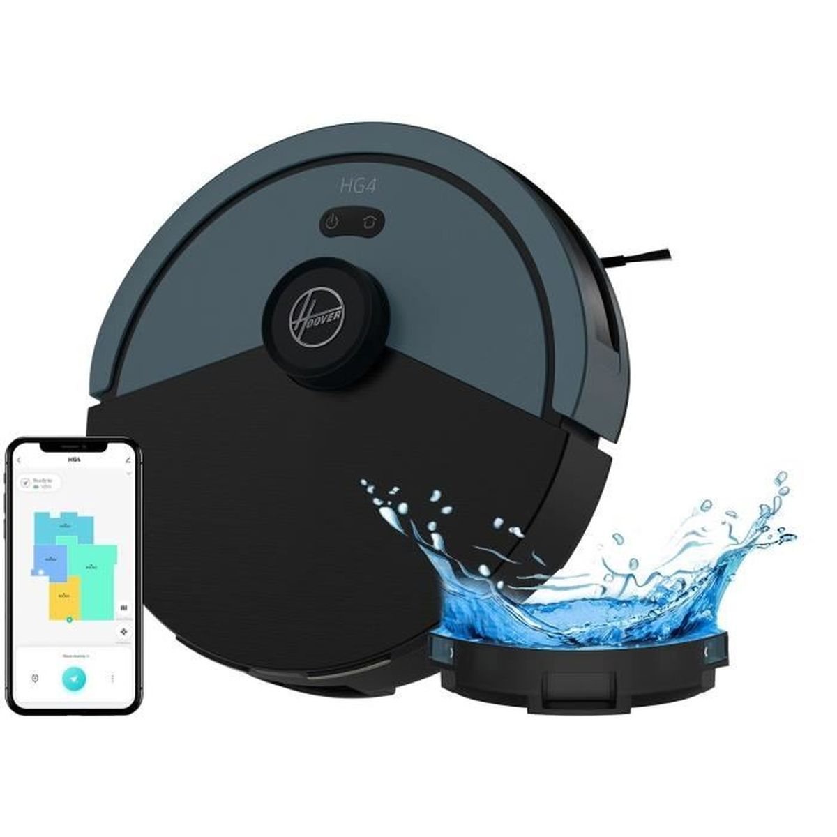 Robot odkurzający z telefonem pokazującym mapę. Rozbryzg wody w tle. Białe tło.