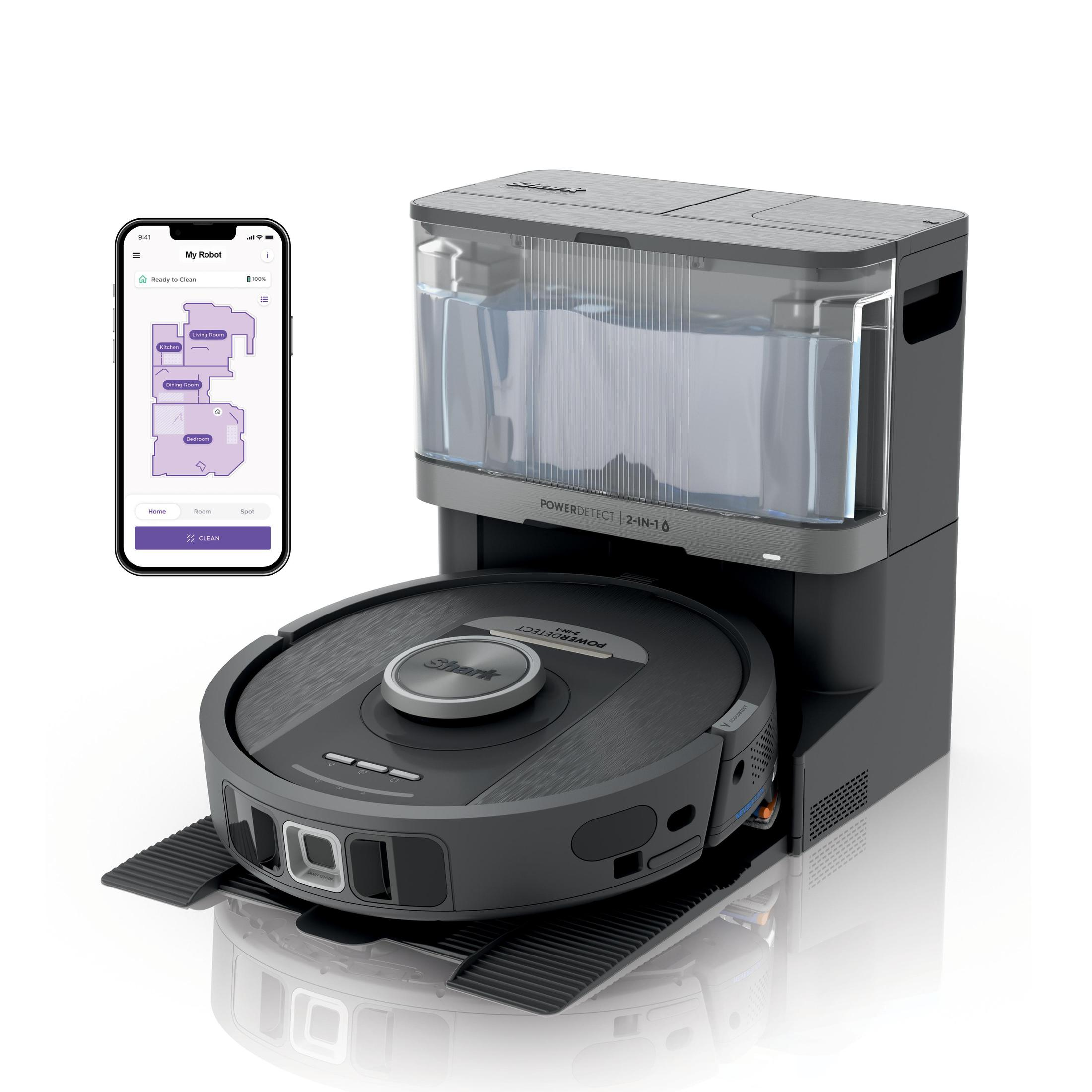 Czarny robot odkurzający ze stacją ładującą i smartfonem z mapą.