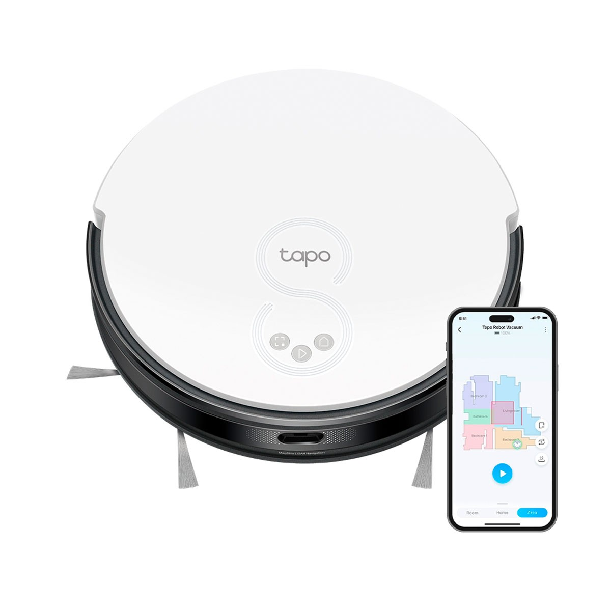 Biały robot sprzątający i smartfon z planem piętra na ekranie.