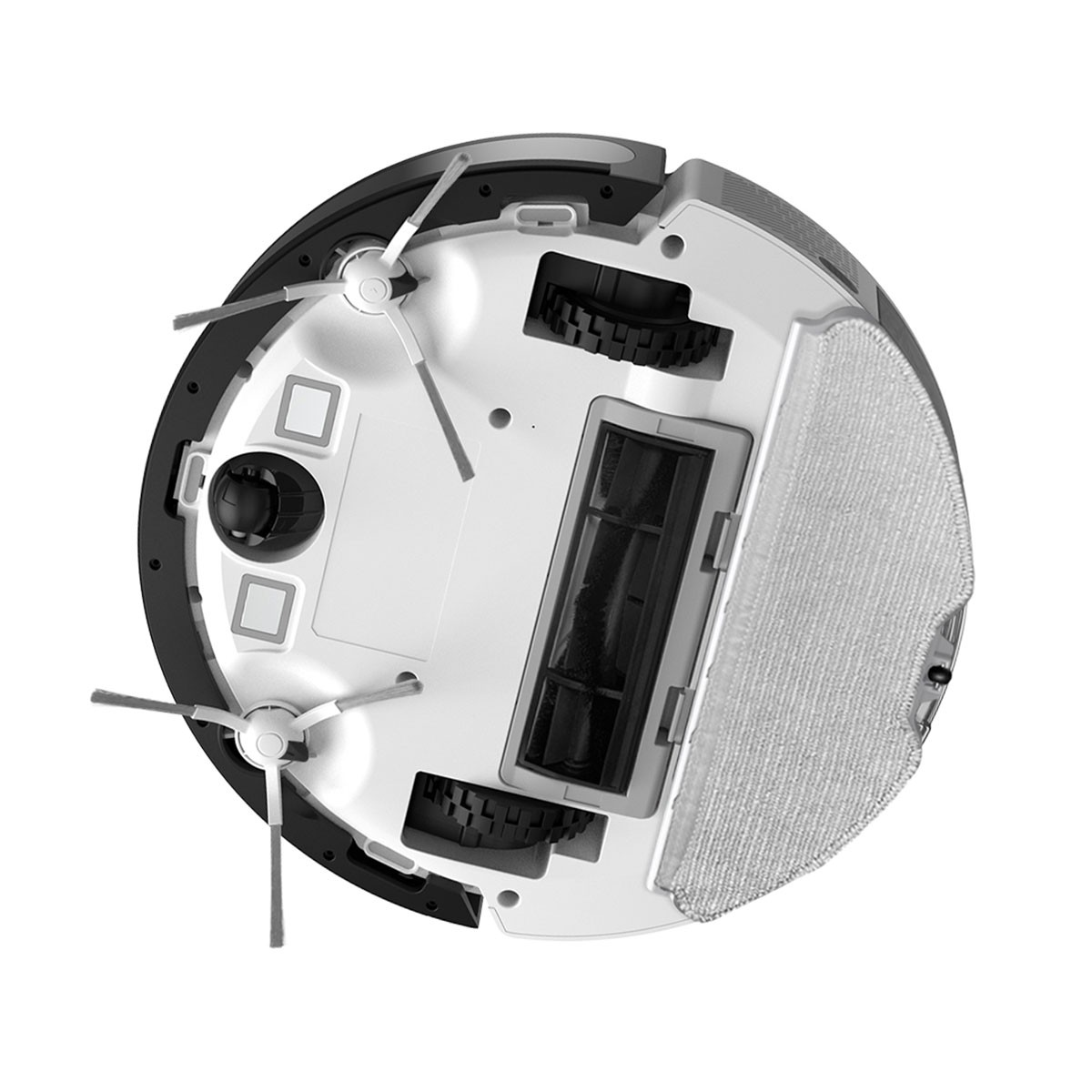 Robot sprzątający, widok od spodu, widoczne szczotki i koła, białe tło.