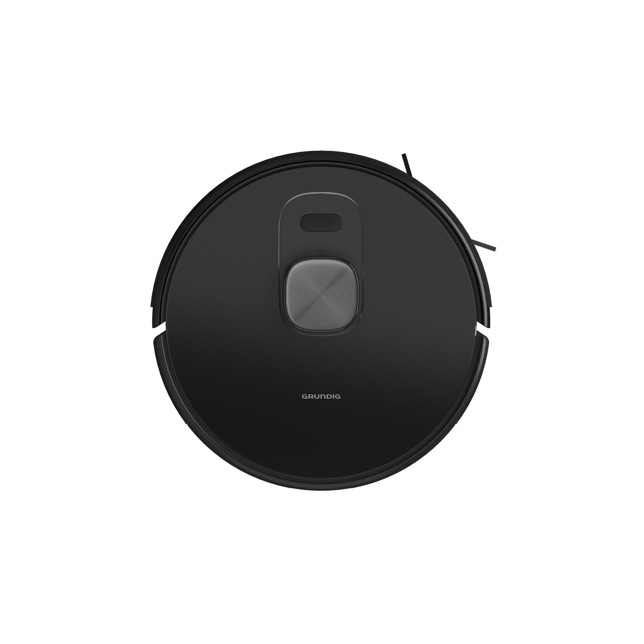 Schwarzer Roboter-Staubsauger. Runde Form. 'Grundig'-Logo oben. Draufsicht.
