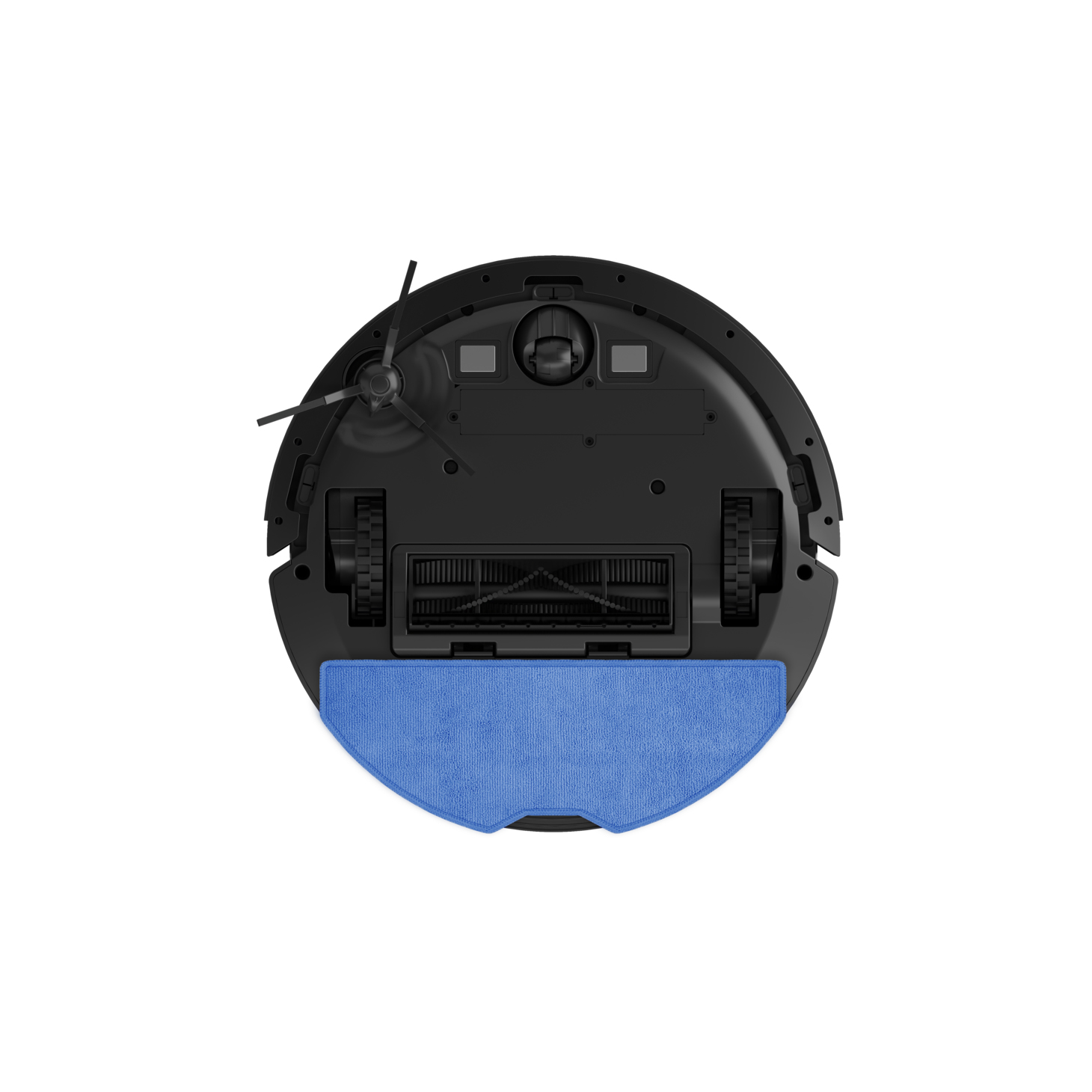 Die Unterseite eines schwarzen Roboter-Staubsaugers, mit Bürsten, Rädern und einem blauen Reinigungspad.